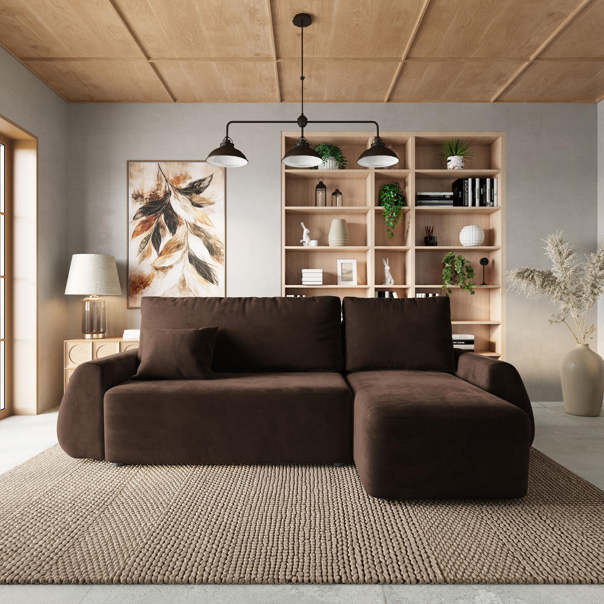 ECKSOFA GALVIS Braun Velours-Stoff mit Schlaffunktion - Braun, Holz (256/156cm) - MASSENO