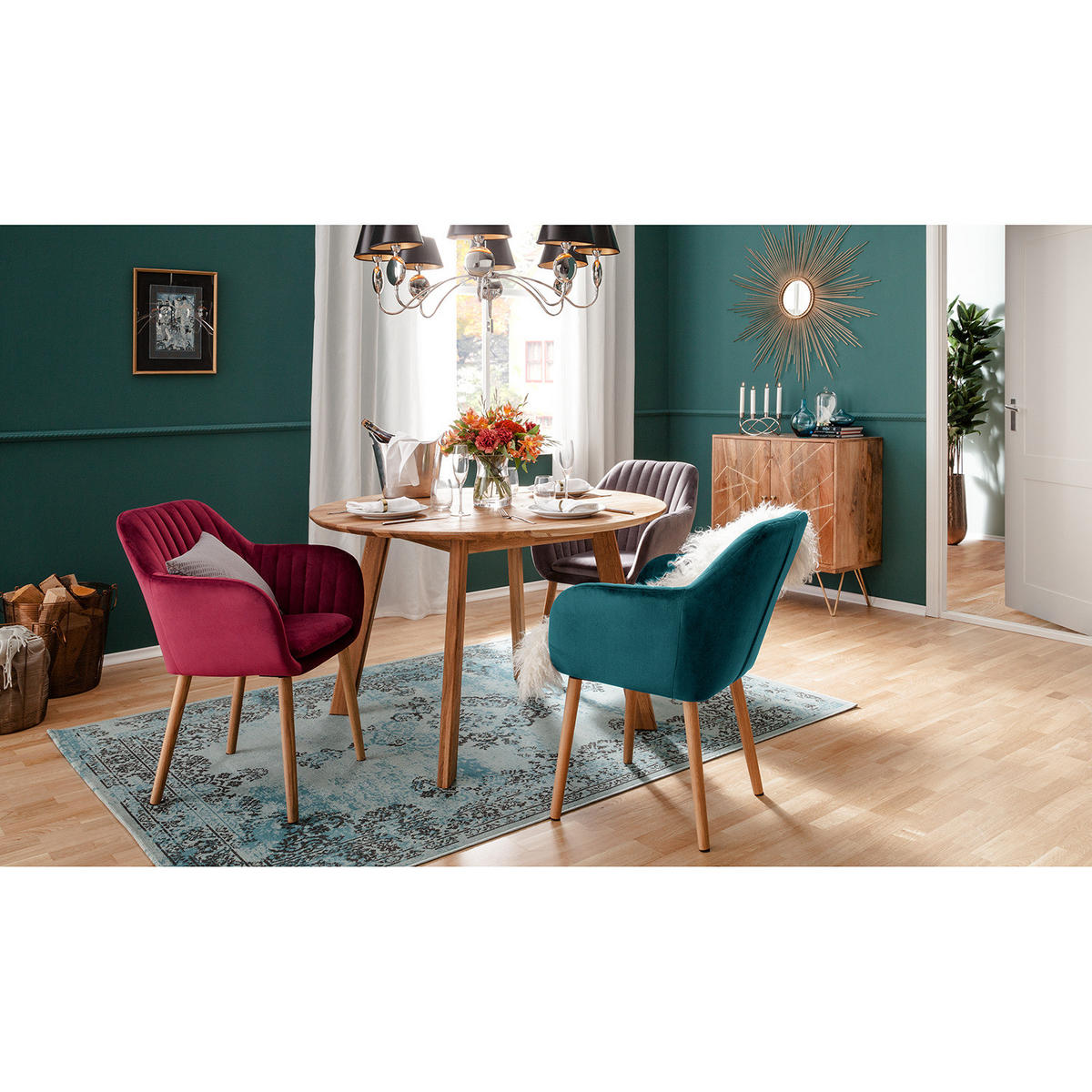 ARMLEHNENSTUHL - Textil / Massivholz - Eichefarben/Petrol, Eichenholz/Holz (57/83/61cm) - home24