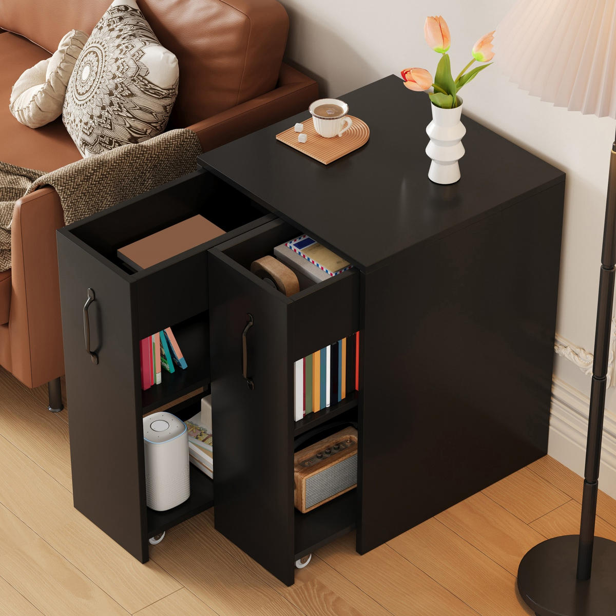 SIDEBOARD 52/50/75 cm mit Rollen und ausziehbaren Fächern in Schwarz - Schwarz, Holzwerkstoff (52/75/50cm) - BEAOK