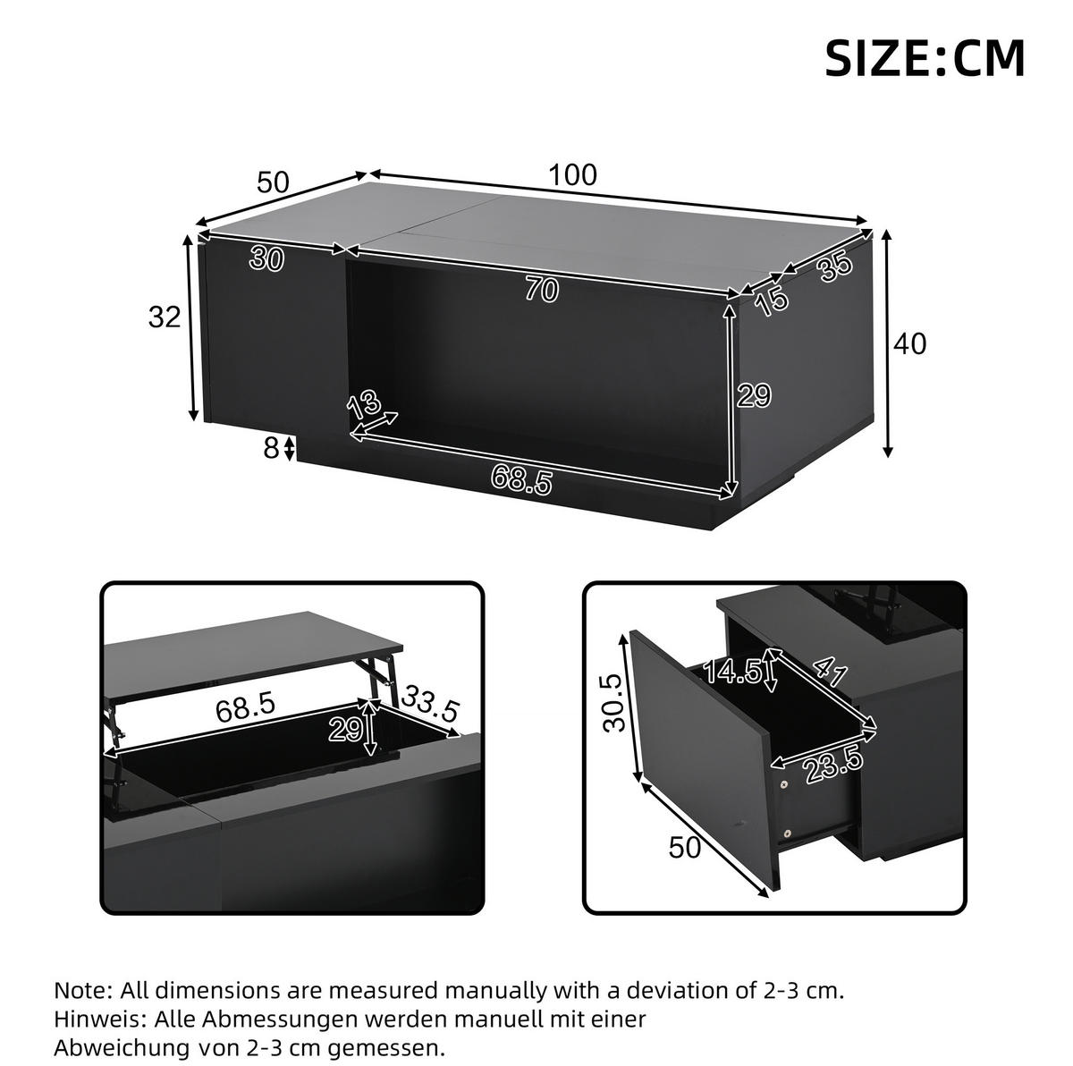 COUCHTISCH, Hochglanz-Spanplatte mit hydraulischem Hub, verstecktem Stauraum und LED, 100/50/40 cm, schwarz - Schwarz, Holzwerkstoff (100/50/40cm) - Redom