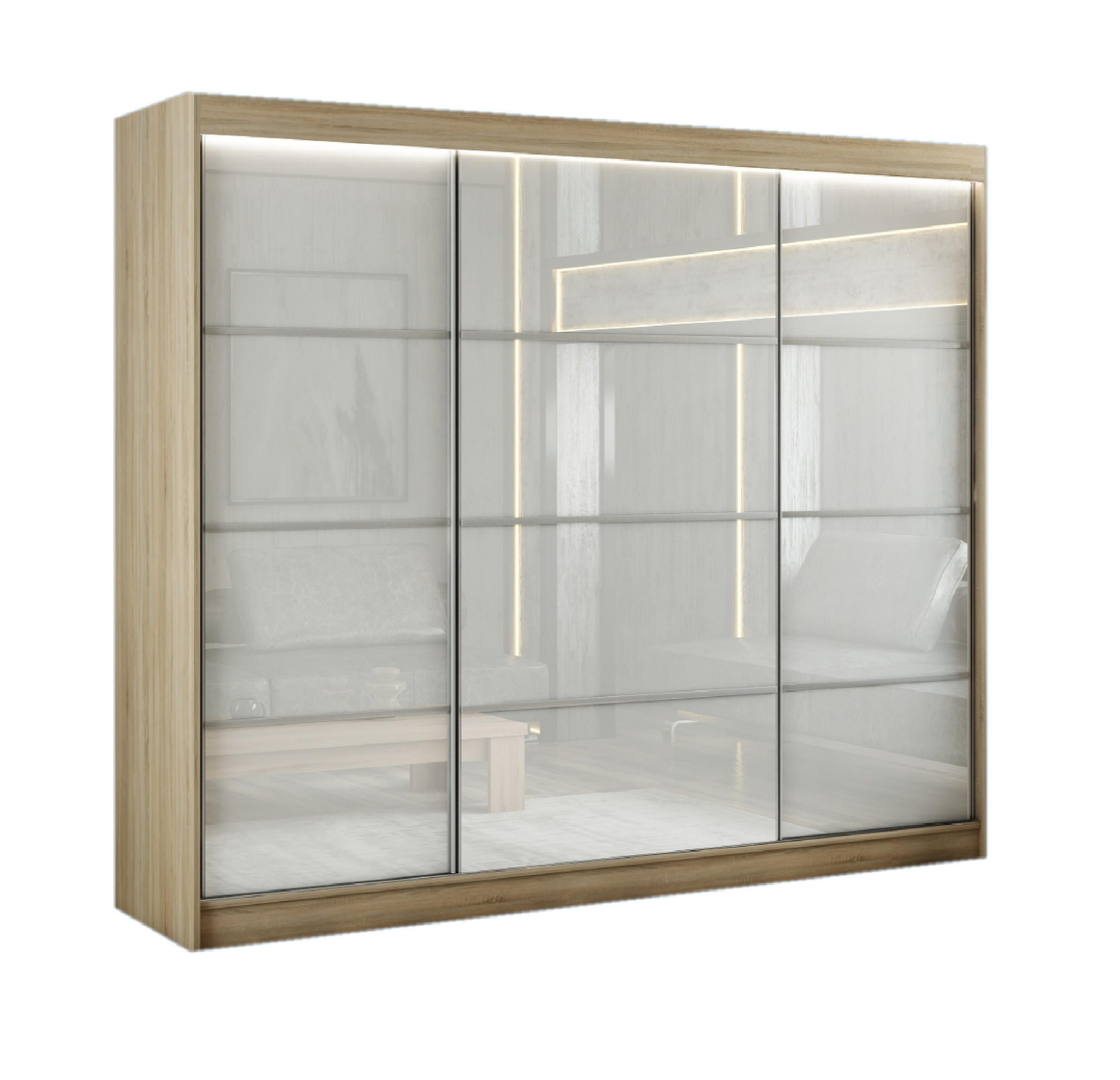 SCHWEBETÜRENSCHRANK Porto III 250 cm 3-türig, Eiche sonoma, lacobel weiß, Sprosse - Weiß/Sonoma Eiche, Kunststoff (250/215/61cm) - Margaret Hadas24