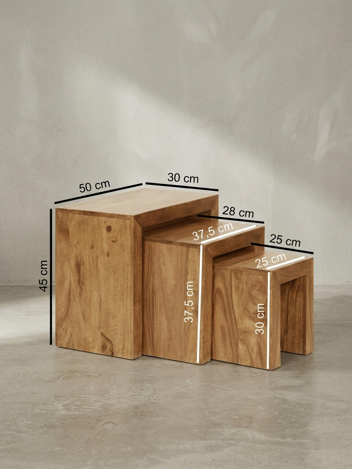 BEISTELLTISCH 3er Set Massivholz Platzsparend Handgefertigt, Beige 50x30x50 cm - Beige, Holz (30/50/50cm) - KADIMA DESIGN