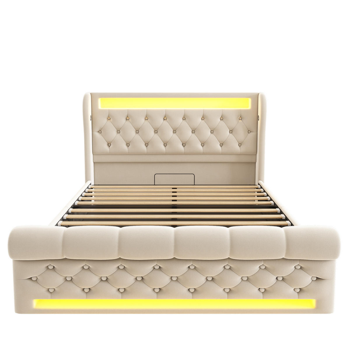 SAMT-POLSTERBETT 140/200 cm mit LED-Beleuchtung und Bettkasten in Beige - Beige, Textil (140/200cm) - BEAOK