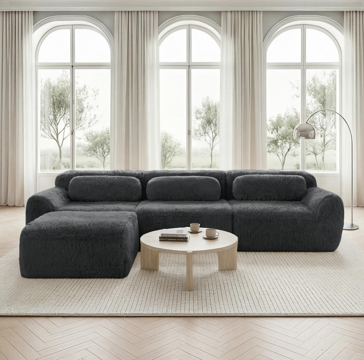 ECKSOFA aus Plüsch in Grau mit modularem Design - Grau, Textil (179/73/291cm) - Modfu