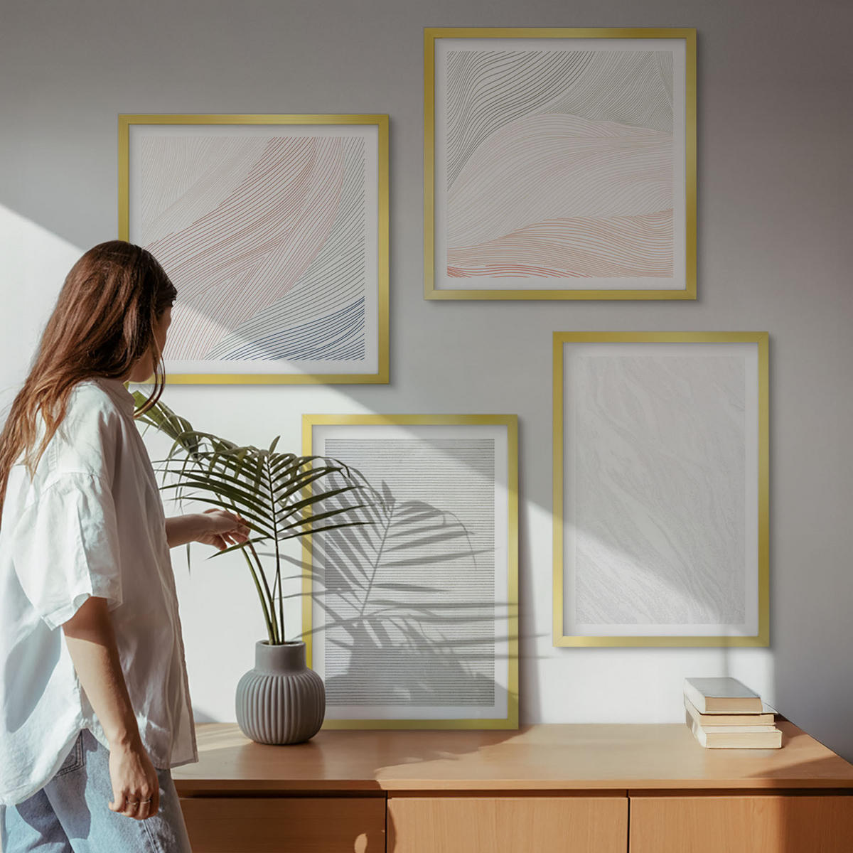 WANDBILDER 4er Set - 50x50 cm & 40x60 cm Goldrahmen - Leuchtende Strukturen, Sandmuster - Goldfarben, Kunststoff (50/50cm) - ArtPrintCave