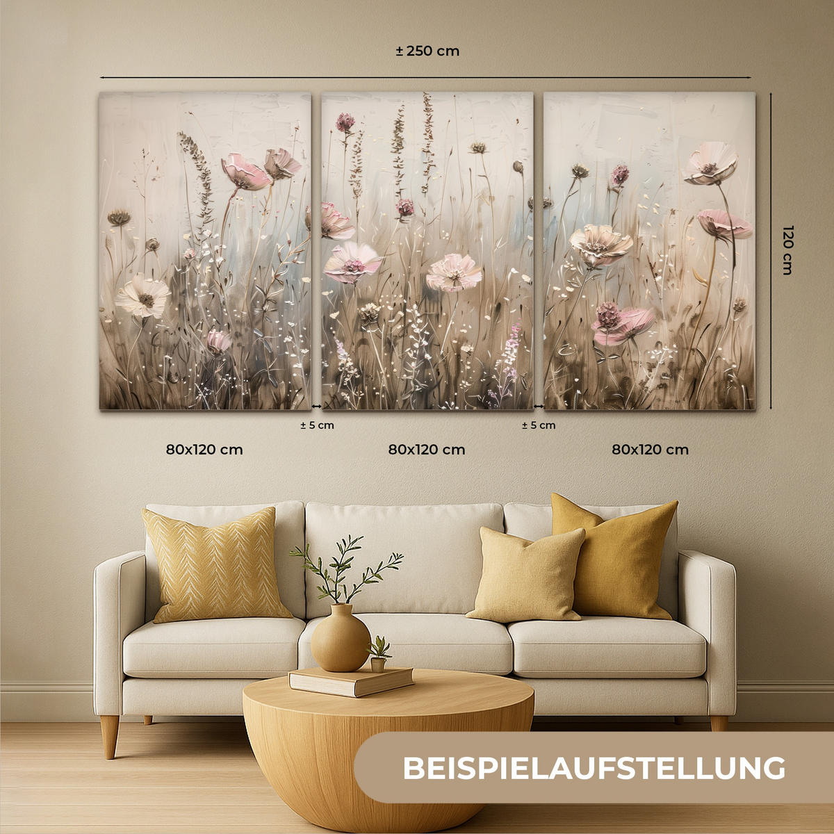 LEINWANDBILD 3er Set Blumen - Beige - Modern - Rosa 240x120 cm - Ecru, Textil (240/120cm) - MuchoWow