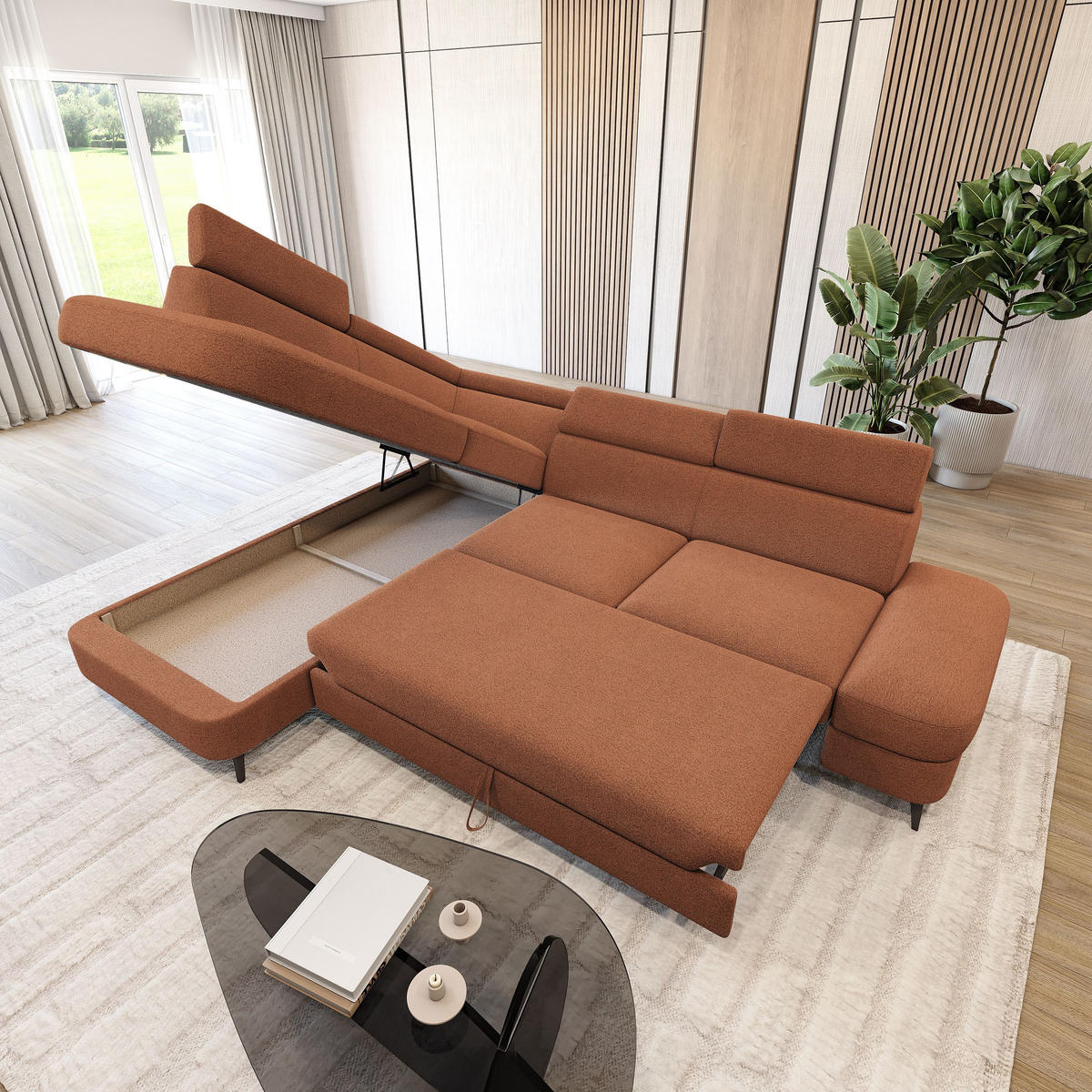 ECKSOFA AVISE Q L-S Orange Boucle-Stoff mit Schlaffunktion - Orange, Holzwerkstoff/Textil (268/195cm) - MASSENO