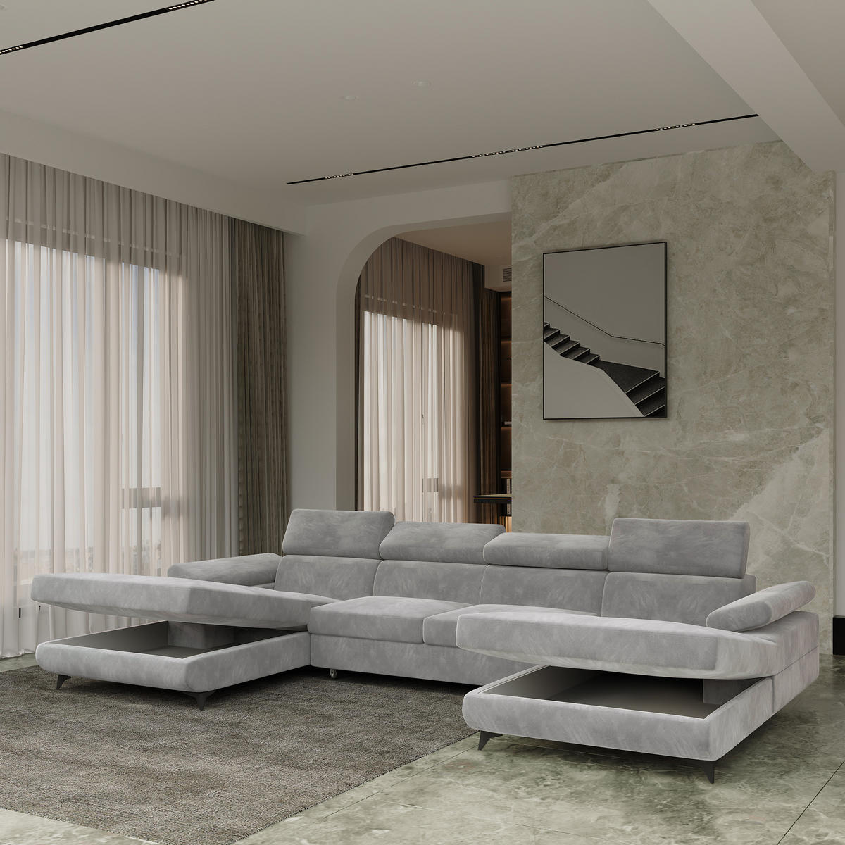 WOHNLANDSCHAFT DETTI Hellgrau Velours-Stoff mit Schlaffunktion - Hellgrau, Holz (339/89/190cm) - MASSENO