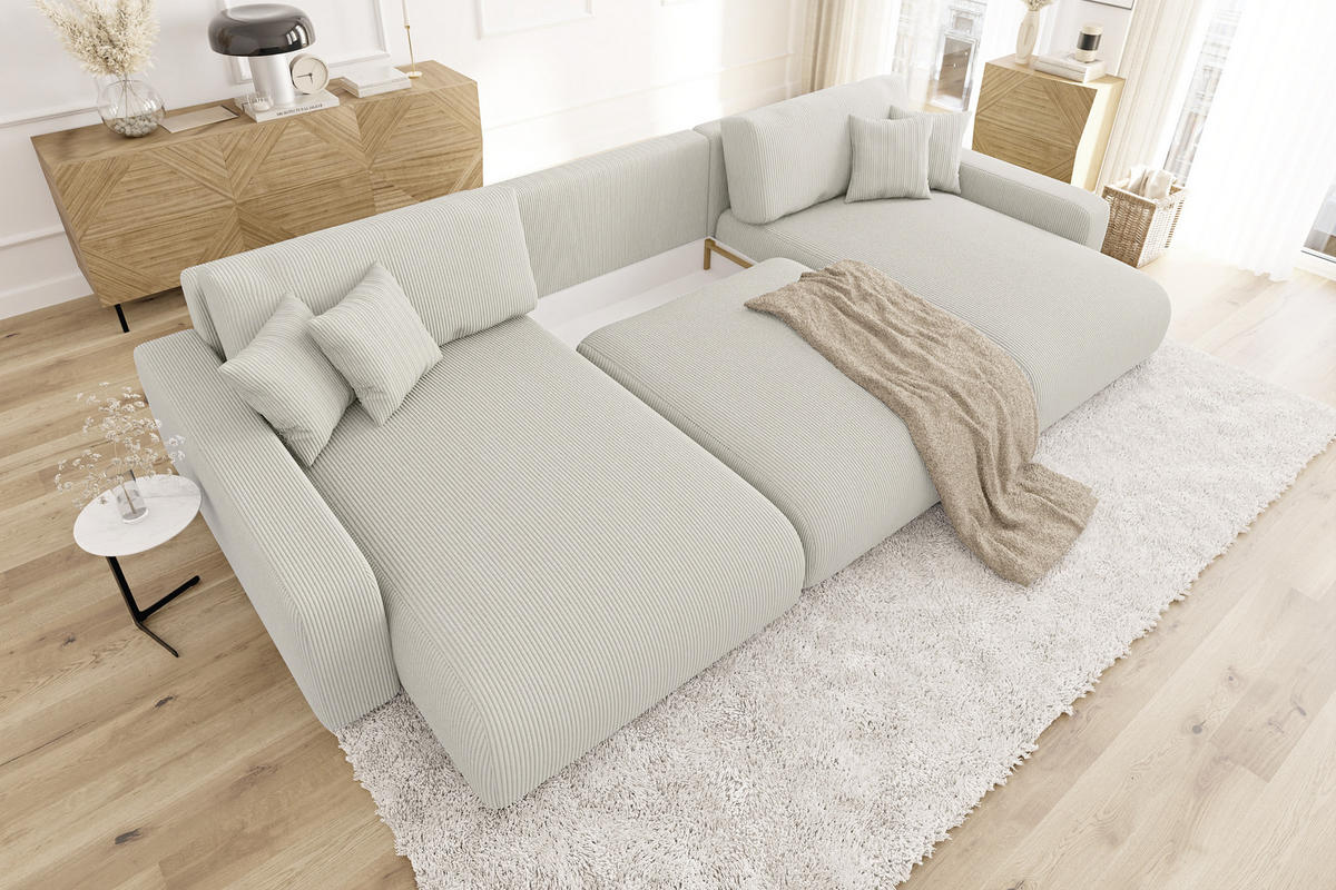 WOHNLANDSCHAFT Emma Beige Cord - Beige/Schwarz, Holz/Kunststoff (332/170cm) - S-Style Möbel