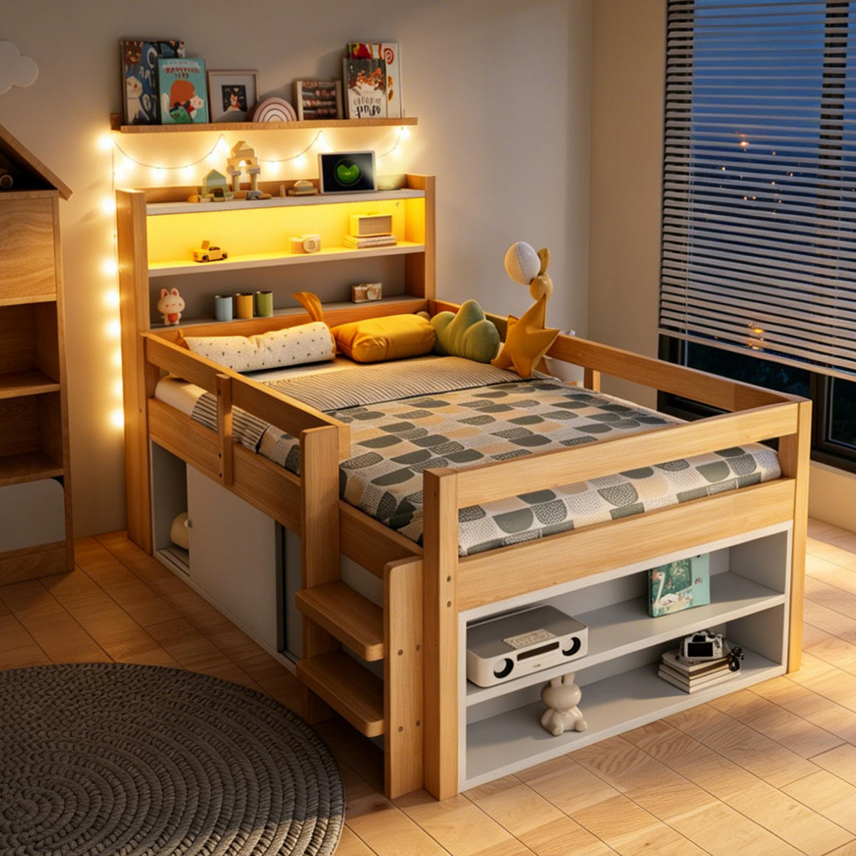 HOCHBETT 90/200 cm in Naturholz mit Ablageflächen, Staufächern, Schiebetüren, LED und USB - Naturfarben, Holz/Holzwerkstoff (90/200cm) - WISHDOR