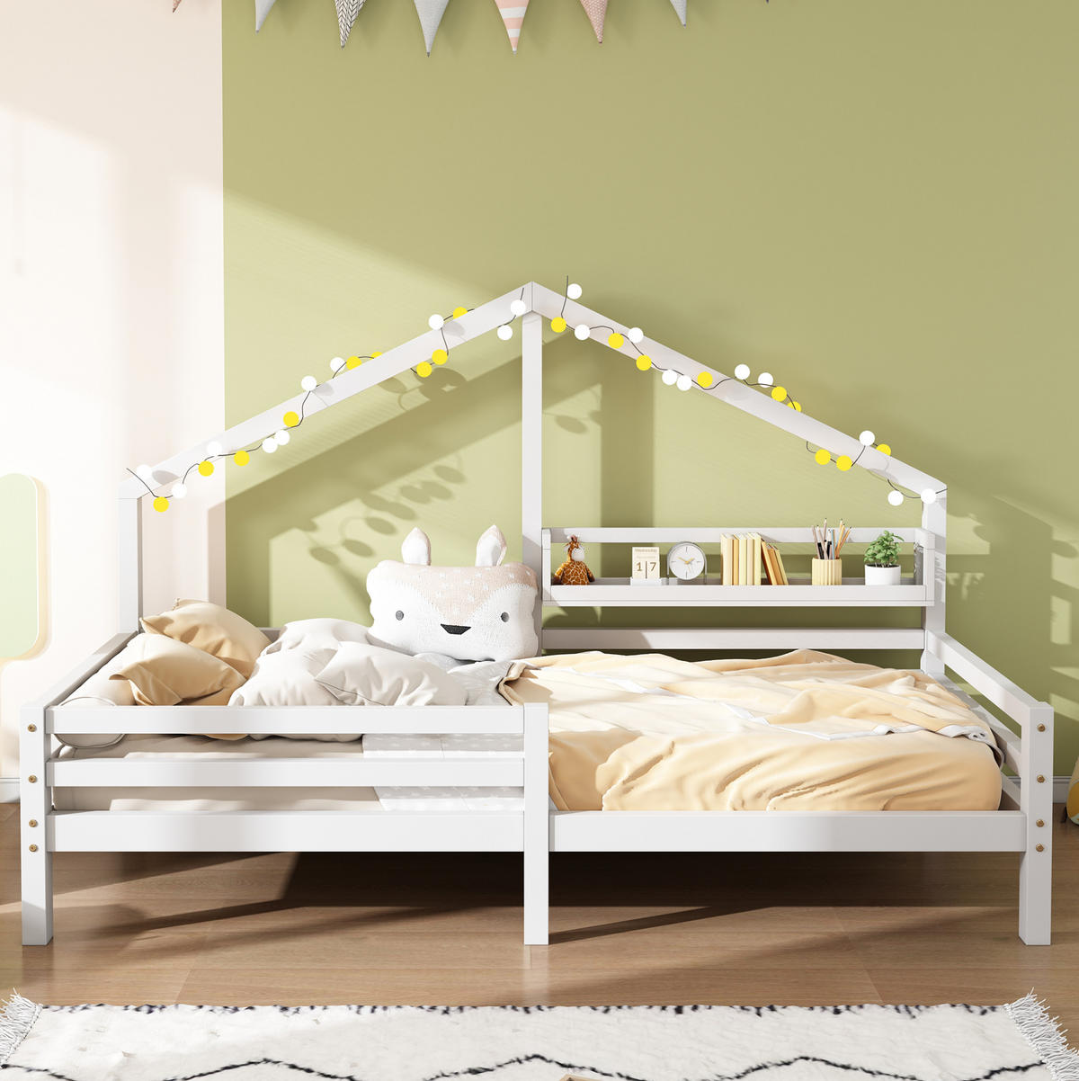 HAUSBETT 90/200 cm Weiß aus Kiefernholz mit Bücherregal - Weiß, Holzwerkstoff (90/200cm) - OKMYHOME