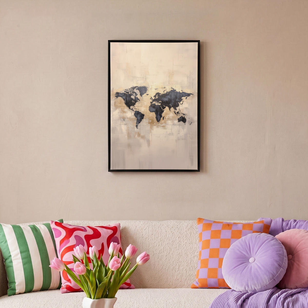 LEINWAND Bilder mit Rahmen - Weltkarte - Gold - Schwarz - Abstrakt - 40x60 - Kupferfarben, Textil (40/60cm) - MuchoWow