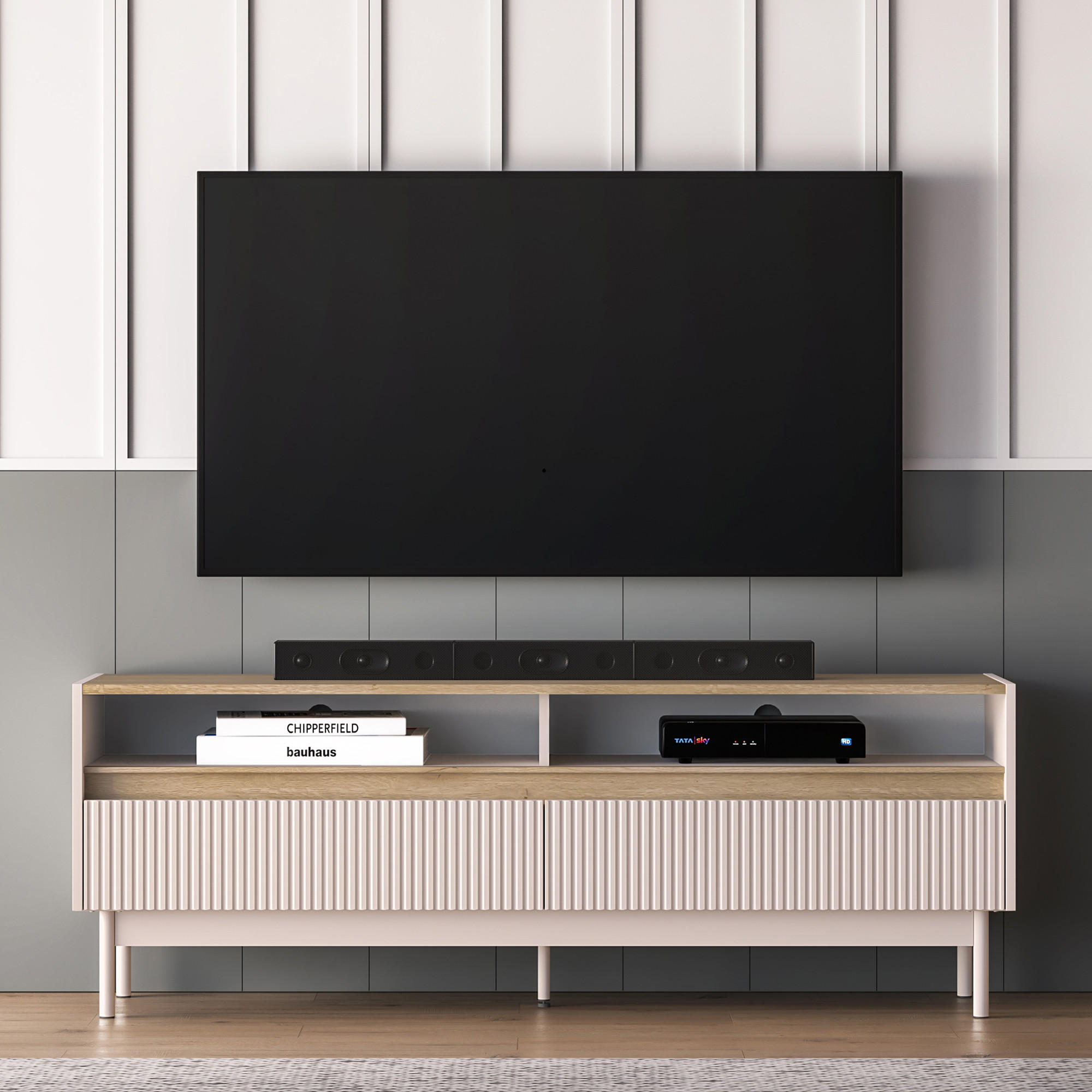 TV-LOWBOARD NALIA, Creme/Eiche - Eichefarben/Creme, Holzwerkstoff/Metall (154/55/40cm) - KONSIMO®