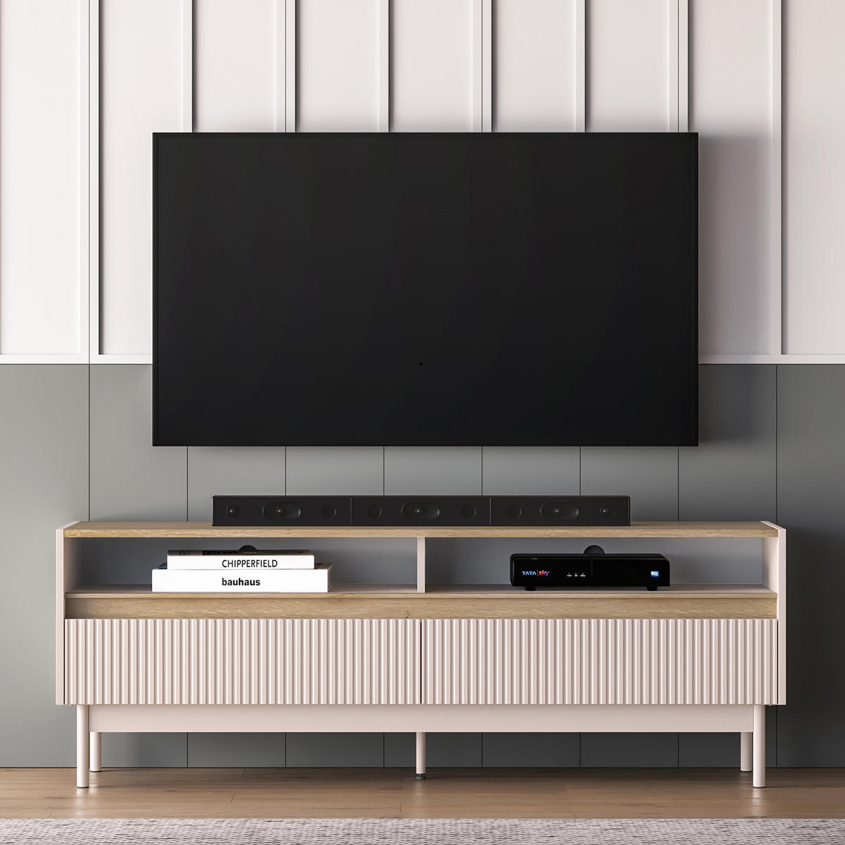 TV-LOWBOARD NALIA, Creme/Eiche - Eichefarben/Creme, Holzwerkstoff/Metall (154/55/40cm) - KONSIMO®