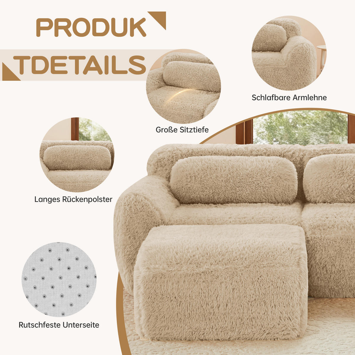 SCHLAFSOFA 3-Sitzer aus Plüschstoff mit 3 Hockern, Hellkhaki - Sandfarben, Textil (291/73/179cm)