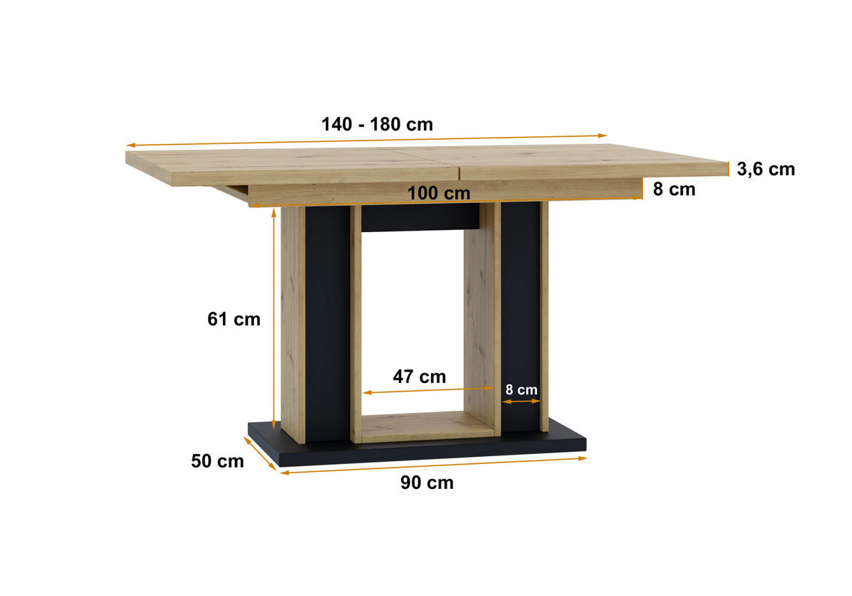 ESSTISCH ausziehbar 140 -180x90x75 cm - Artisan Eiche Optik/Schwarz - REST - Eichefarben, Holzwerkstoff (140/90/75cm) - ALTDECOR