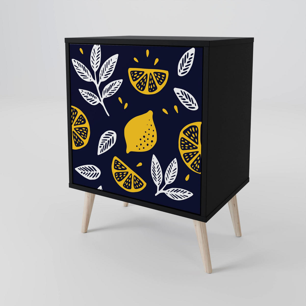 SIDEBOARD CITRUS BLACK AND WHITE, Schwarz, 57,5x42x75,5 cm, Goldfarbene Metallfüße - Goldfarben/Multicolor, Holzwerkstoff/Metall (57.5/75.5/42cm) - SpaceRebels