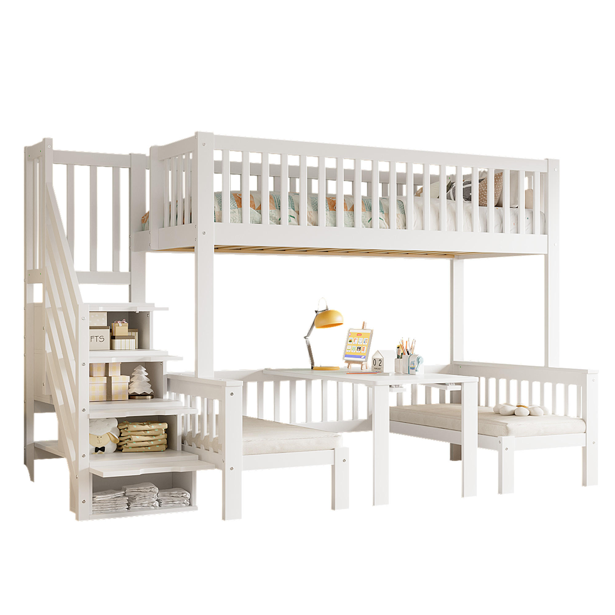 STILVORA ETAGENBETT 90/200 cm & 120/200 cm in Weiß Kinderbett mit Stauraumtreppe, Tisch und Sicherheitsgeländer