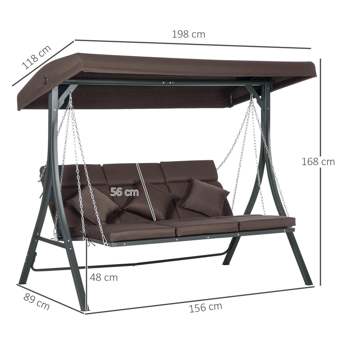 HOLLYWOODSCHAUKEL, mit Sonnendach, Metall, Texteline, Braun, 198 x 118 x 168 cm - Braun, Metall (118/168/198cm) - Outsunny