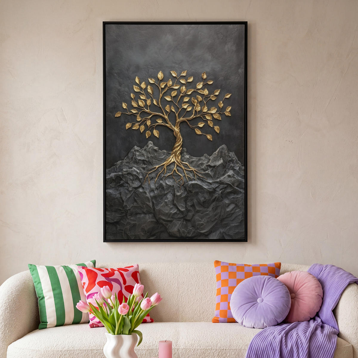LEINWAND Bilder mit Rahmen - Blätter - Gold - Baum - Fels - 100x150 - Schwarz, Textil (100/150cm) - MuchoWow