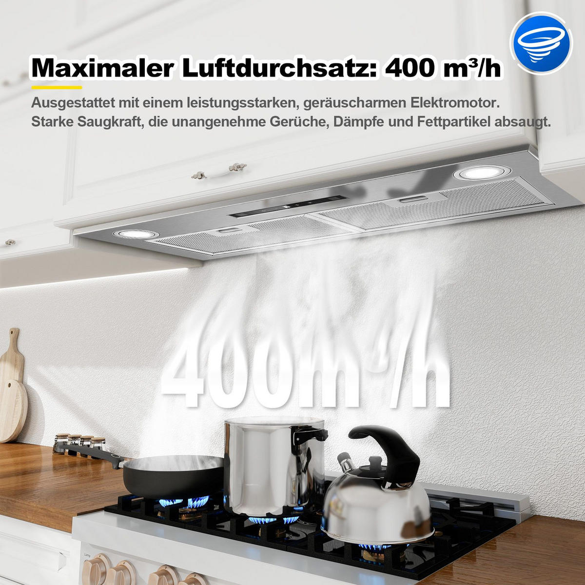 DUNSTABZUGSHAUBE mit Touch-Bedienung, Aktivkohlefilter, Filter - Silberfarben, Metall (37/41.12/84.7cm) - Korfee