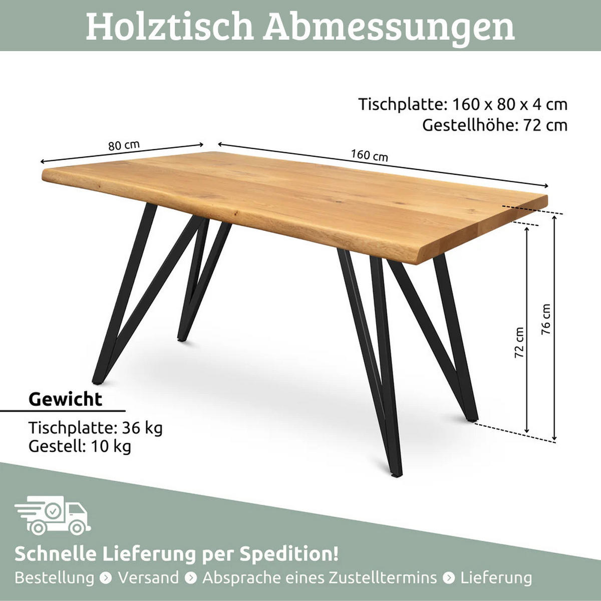 ESSTISCH Massivholz mit Baumkante KEANU 160x80 cm Eichenholz Dreieck Gestell - Braun, Holz/Metall (80/160/76cm) - DELUKE
