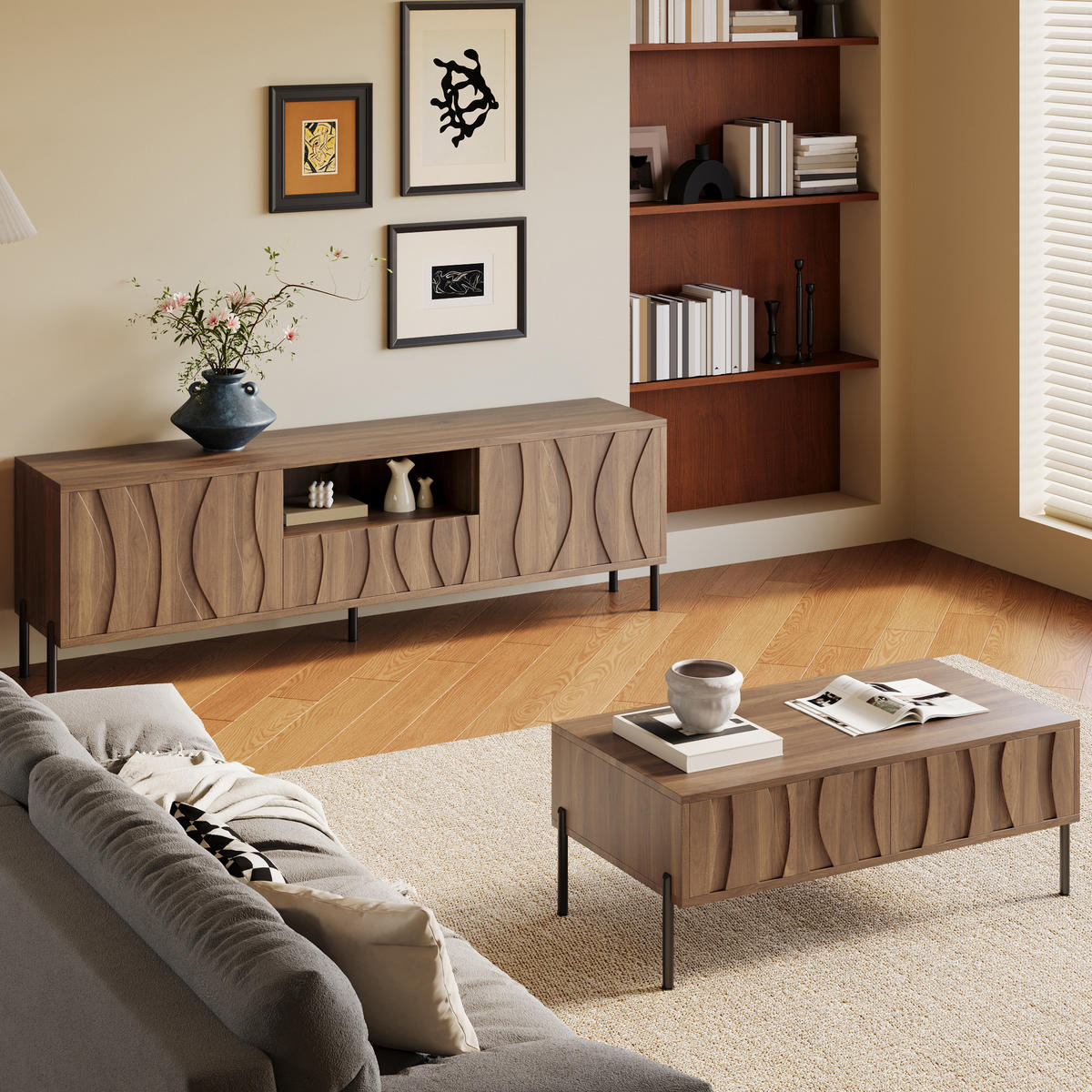 WOHNZIMMER-SET Massivholz Wellen Couchtisch TV modern - Naturfarben, Holzwerkstoff (160/46/35cm) - FLIEKS