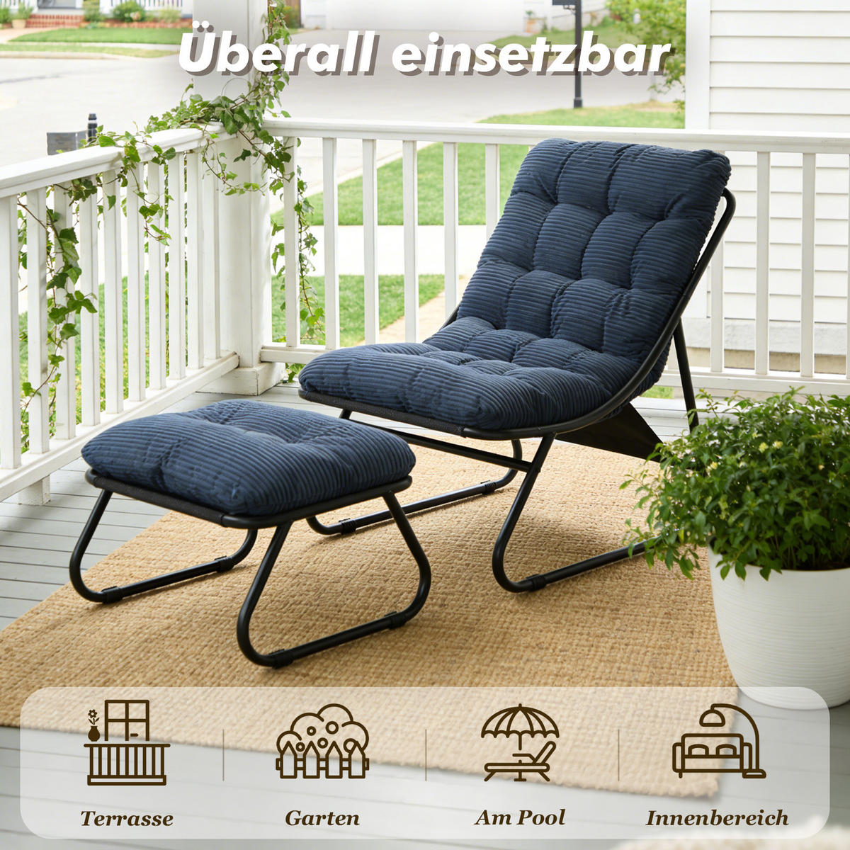 SESSELSET, Relaxsessel mit Hocker,Stahlrahmen,Cord,Blau - Blau, Metall (78/86/65cm) - LVHOM