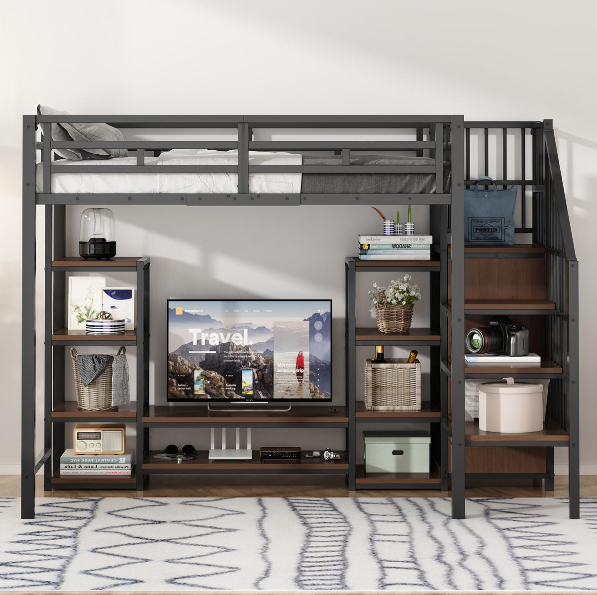 HOCHBETT 90/200 cm mit TV-Ständer, Steckdose und Aufbewahrungsleiter aus Metall und MDF, Schwarz - Schwarz, Metall (90/200cm) - Redom