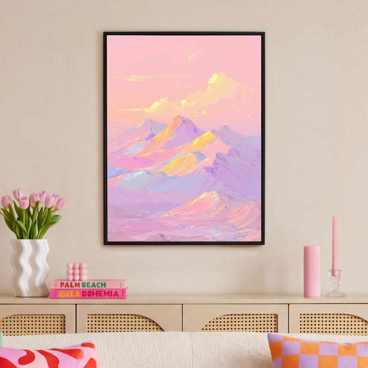 LEINWAND Bilder mit Rahmen - Berggipfel - Wolken - Verträumt - 70x100 - Hellrosa, Textil (70/100cm) - MuchoWow