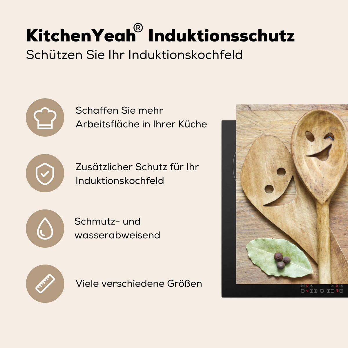 HERDABDECKPLATTE Holz - Löffel - Braun - Smiley 90x52 cm - Hellbraun, Kunststoff (90/0.2/52cm) - MuchoWow