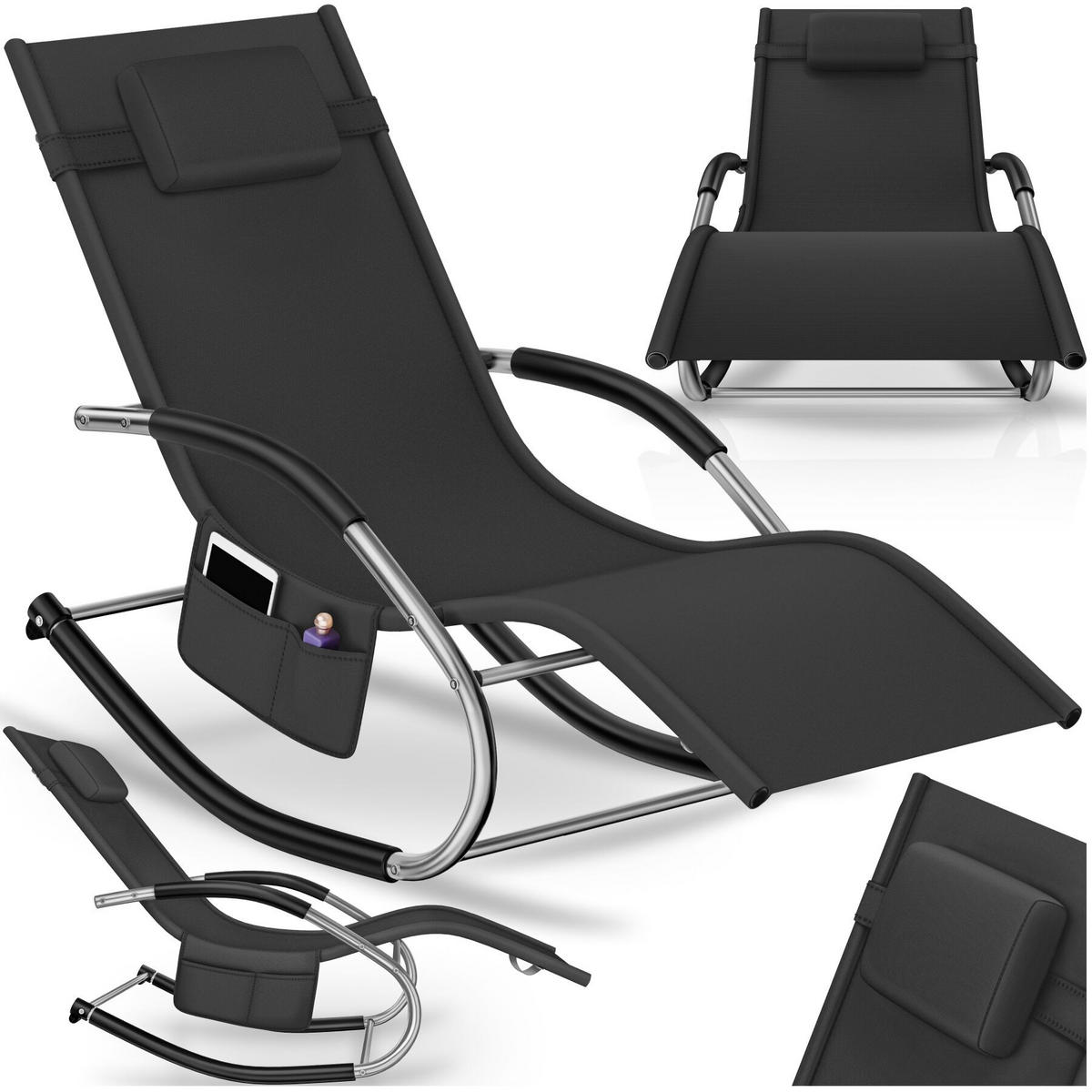 GARTENLIEGE Taya, abnehmbares Kopfpolster, seitliche Aufbewahrungstasche, schwarz - Schwarz, Kunststoff (62/92/142cm) - tectake