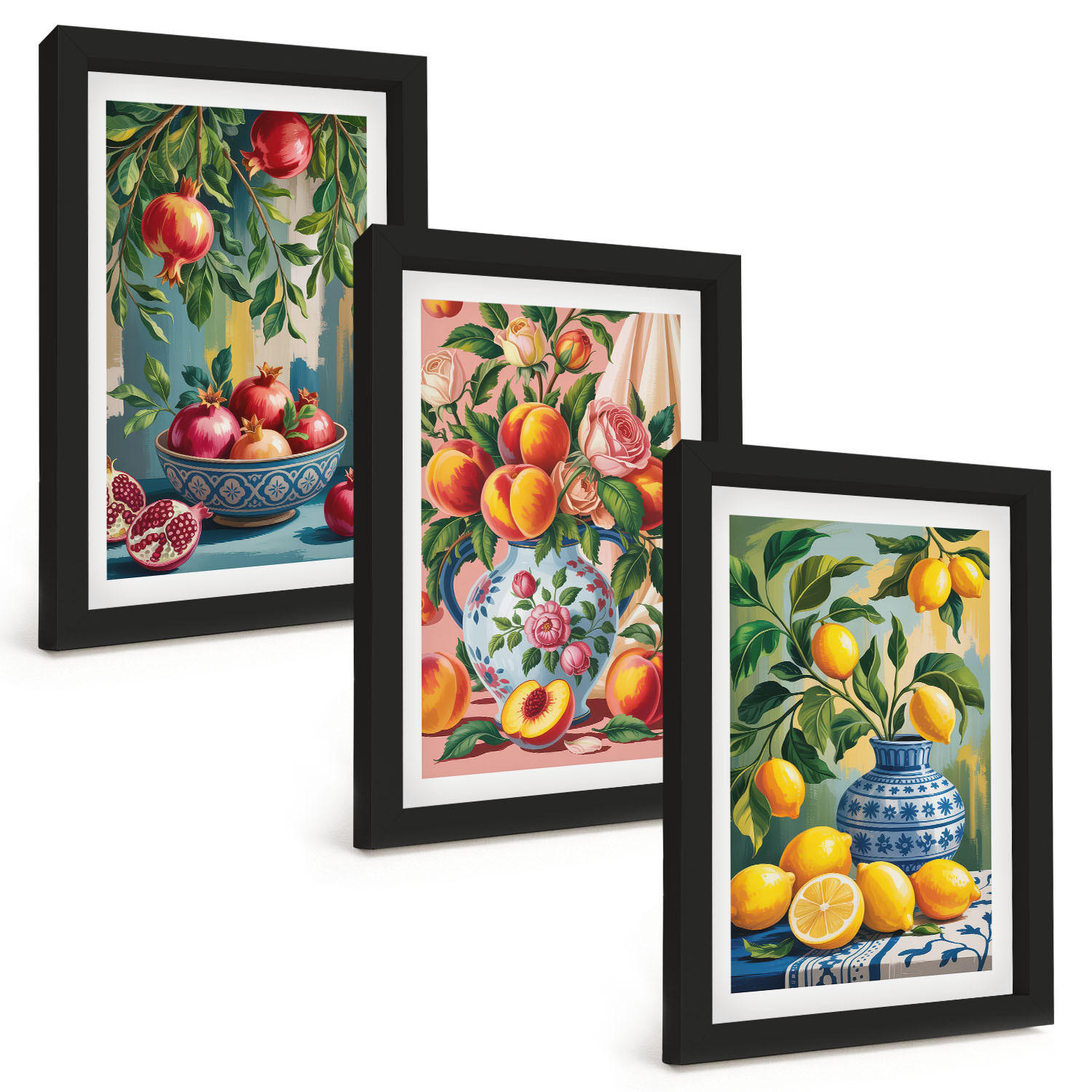 BILDER SET 3er Set - 20x30 cm Schwarzer Rahmen - Fruchtzusammensetzung von Granatäpfeln - Schwarz, Kunststoff (20/30cm) - TULUP