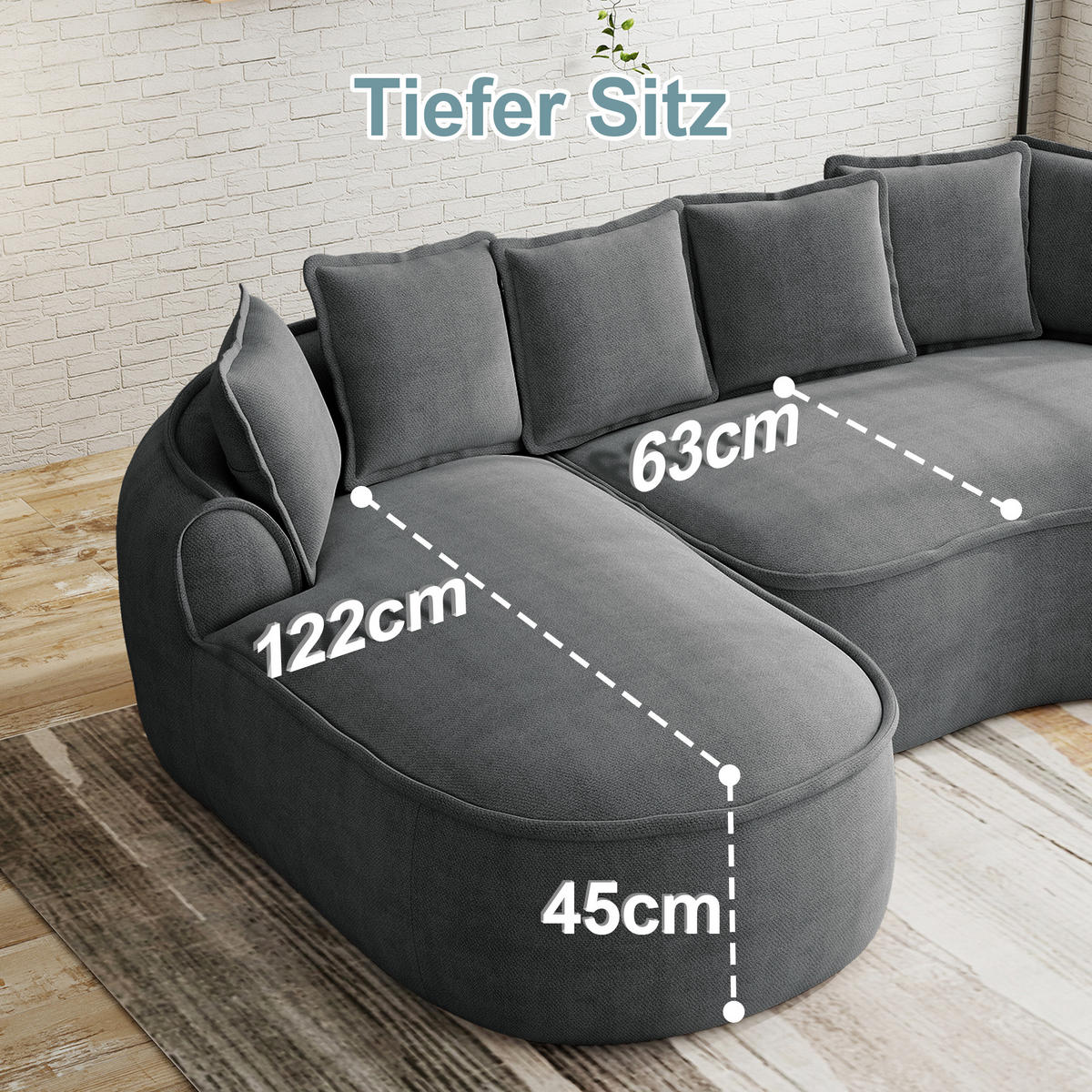 ECKSOFA chenille mit extra tiefer chaiselongue & rahmenlosem design - Grau, Textil (252/164cm) - Urban Meuble