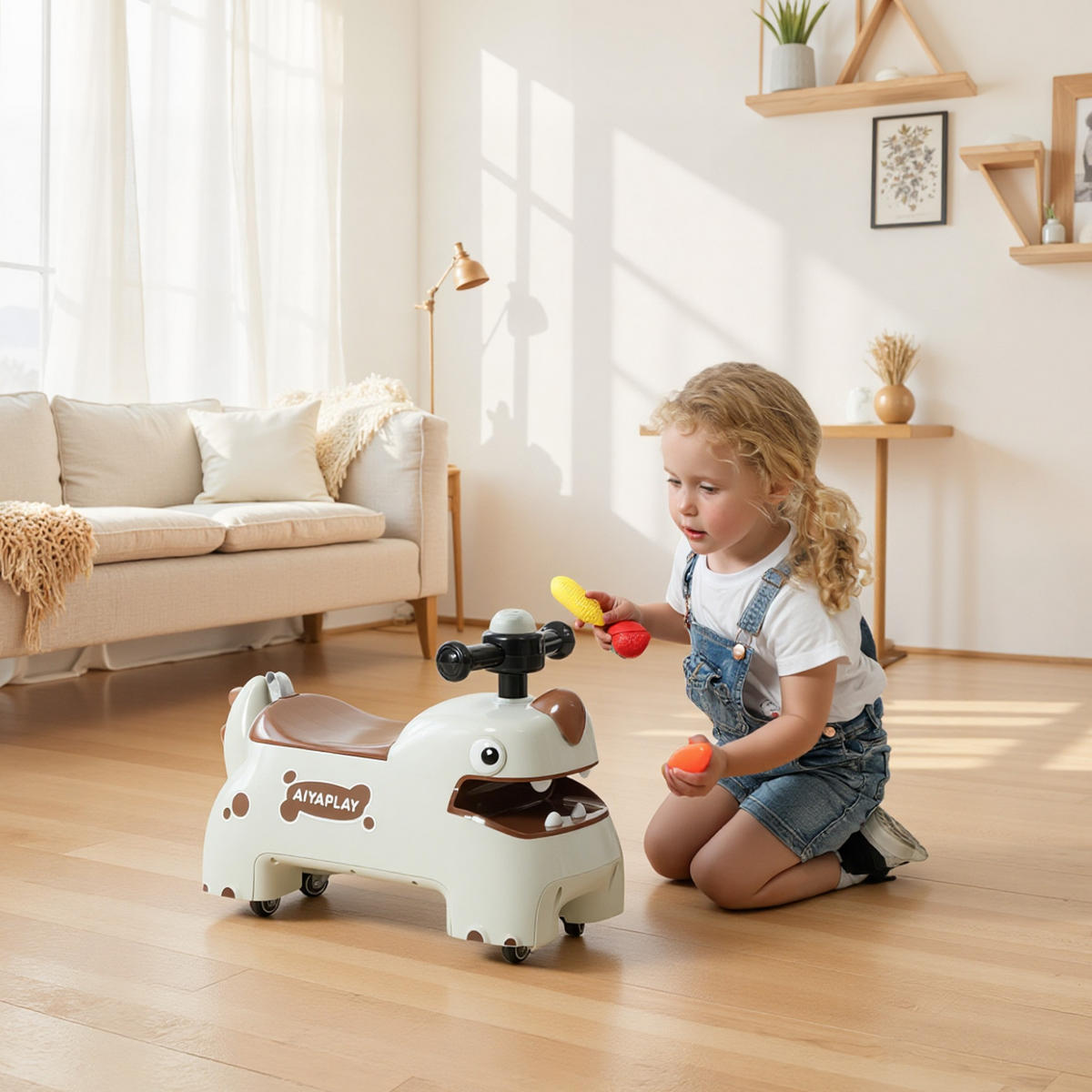 RUTSCHAUTO im Dinosaurier-Form Rutschfahrzeug mit Stauraum unter Sitz, Licht - Creme, Kunststoff (52/24/38cm) - AIYAPLAY