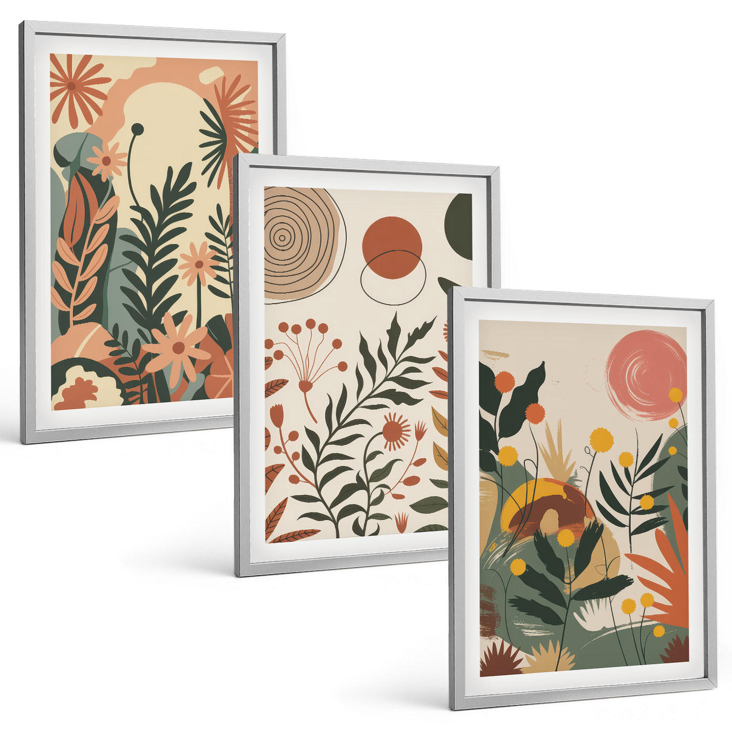 BILDER SET 3er Set - 40x60 cm Silberner Rahmen - Vintage-Pflanzenmuster in Pastellfarben - Silberfarben, Kunststoff (40/60cm) - TULUP
