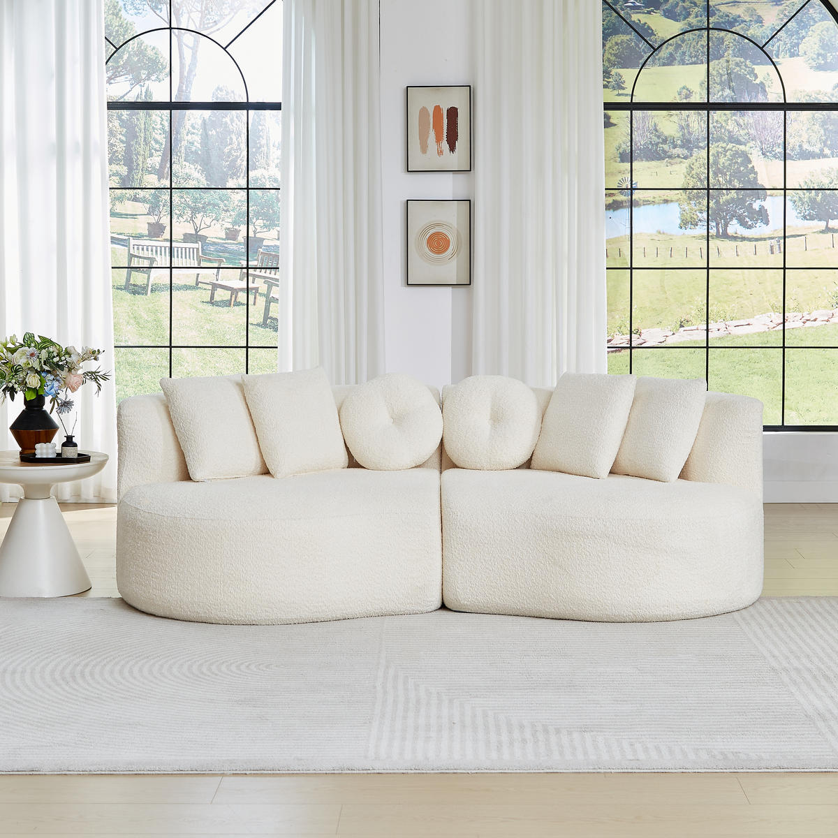 MODULSOFA 2-teilig geschwungen Cashew-Form mit 6 Kissen, DE-42899, Beige - Beige, Textil (223/79/109cm) - ComfortXL