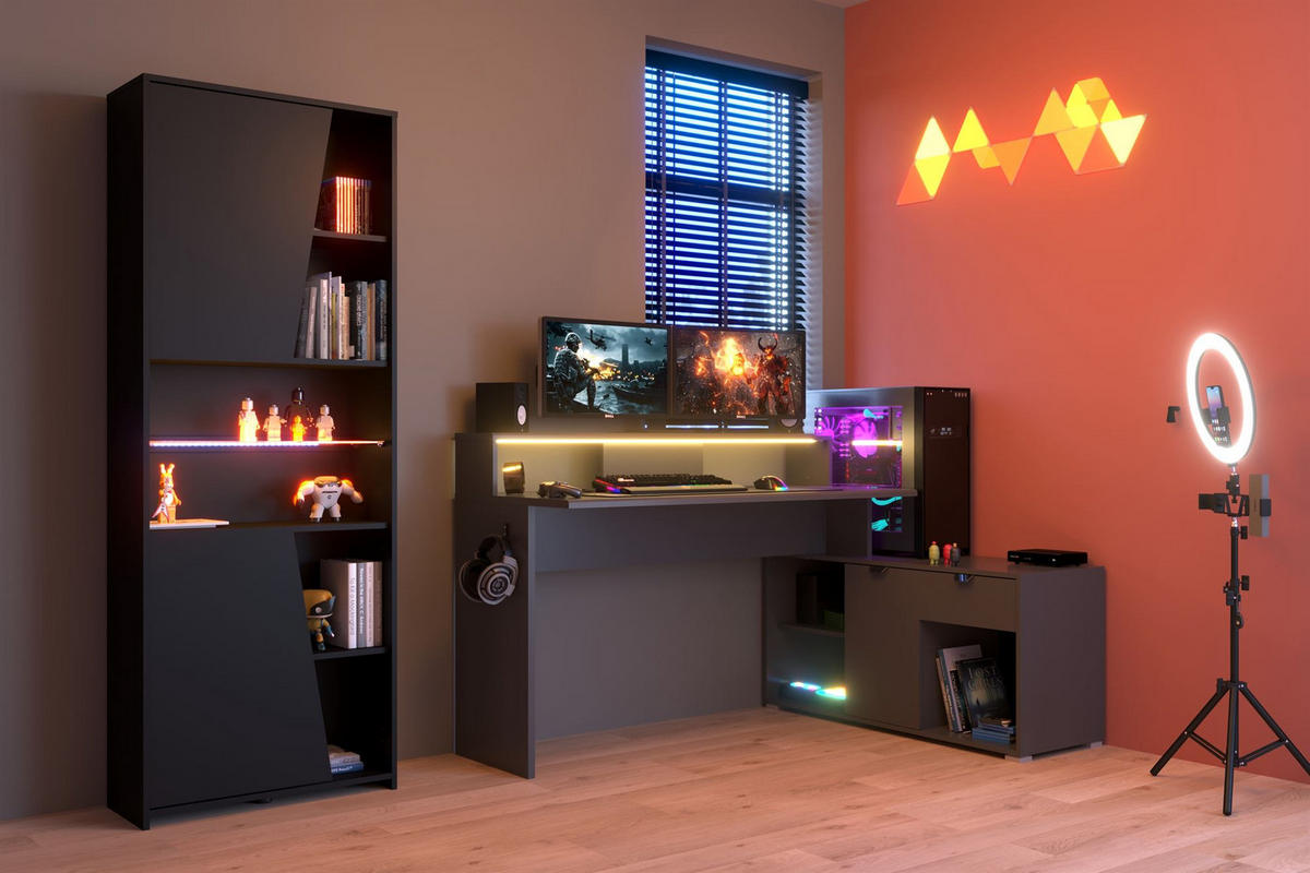 GAMING Schreibtisch Parisot Work 2-tlg. Holznachbildung Grau/Schwarz - Schwarz/Grau, Kunststoff (200/100/95cm) - 58aufmkessel
