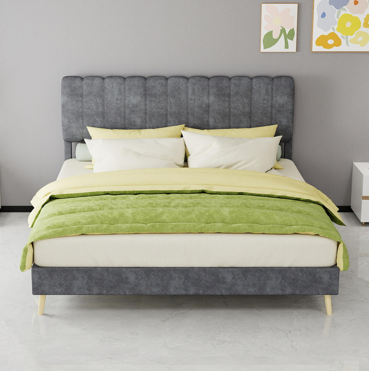POLSTERBETT 160/200 cm mit hohem Kopfteil und Matratze, Samtoptik Metall/Holz, Grau - Grau, Textil (160/200cm) - Redom