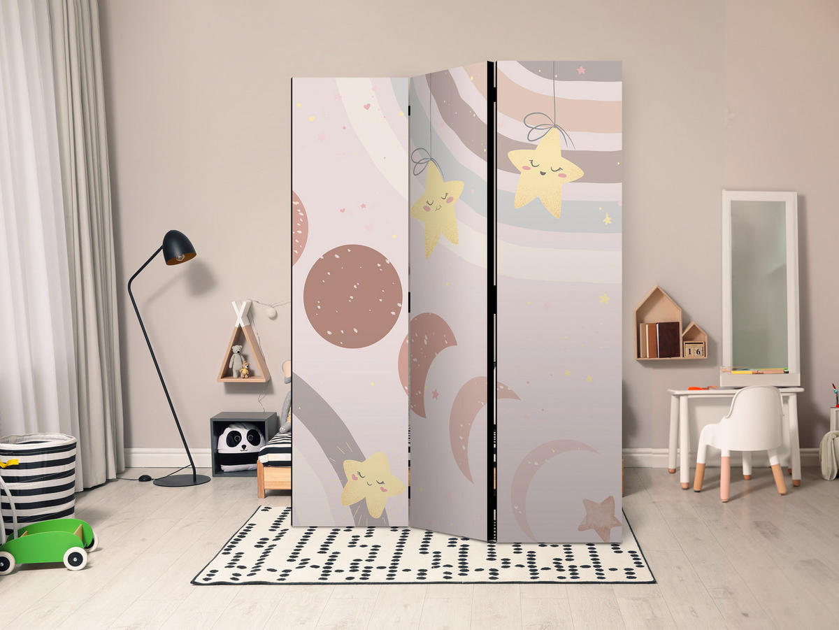 PARAVENT Beidseitig Bedruckter 3-tlg 135x172 cm Sterne Mond f r Kinder - Beige, Holz/Textil (135/172/3cm) - Muralo