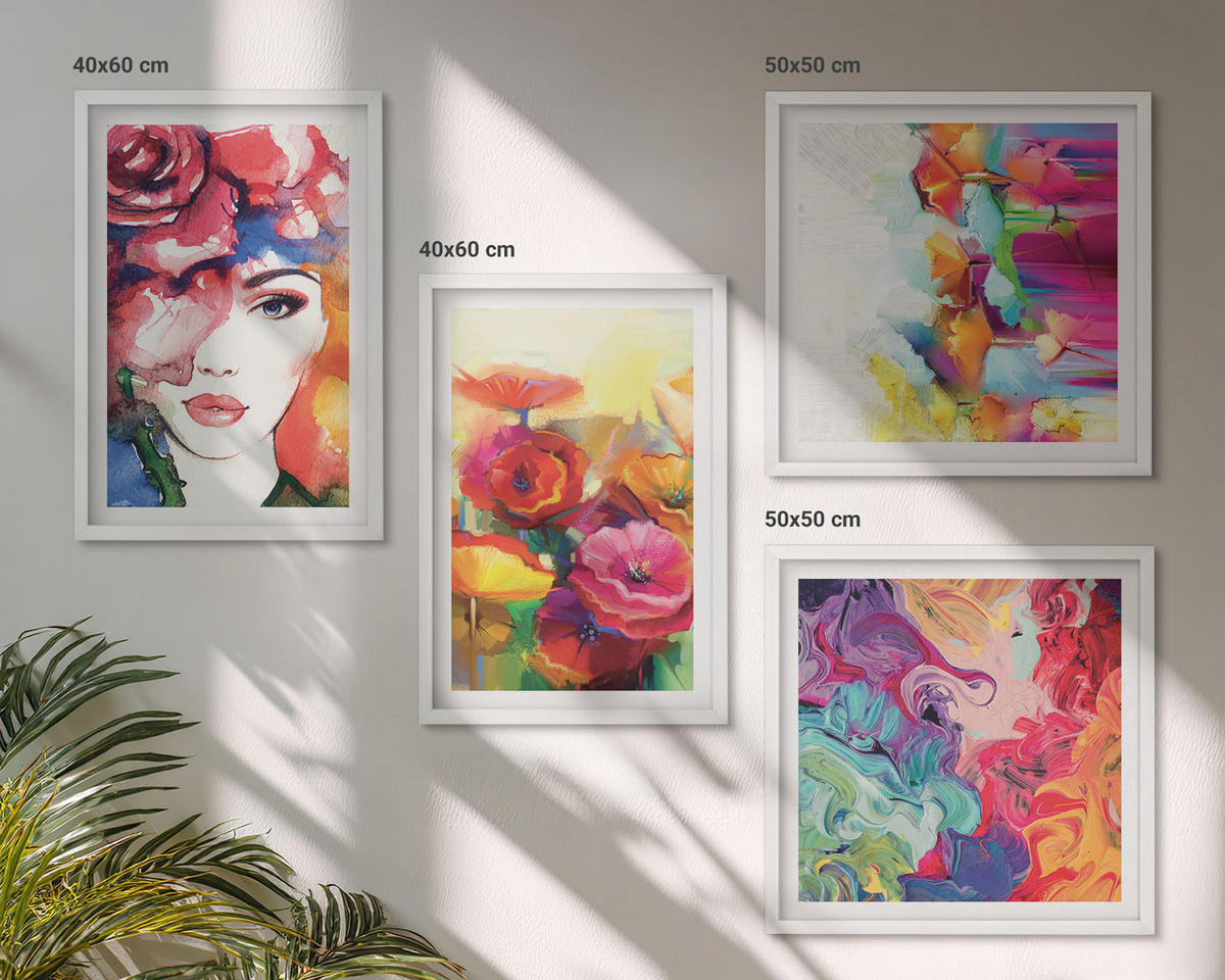 BILDER SET 4er Set - 50x50 cm & 40x60 cm Weißer Rahmen - Porträt von Blumen in intensiven Farben - Weiß, Kunststoff (50/50cm) - TULUP