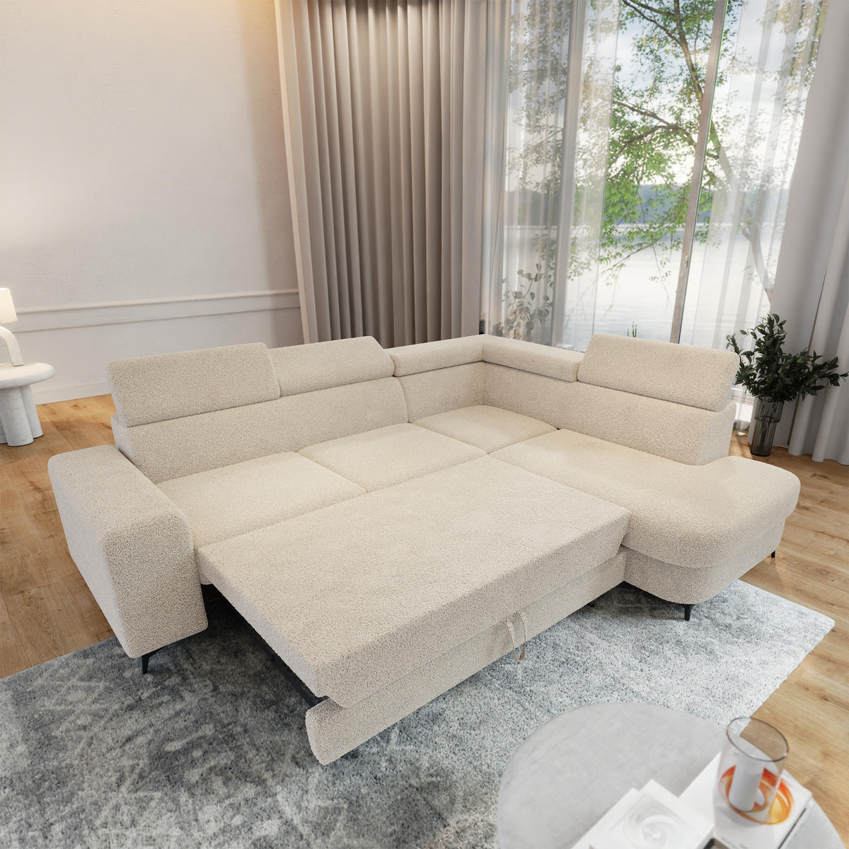 ECKSOFA ALVORO R-S Creme Boucle-Stoff mit Schlaffunktion - Creme, Holz (253/190cm) - MASSENO