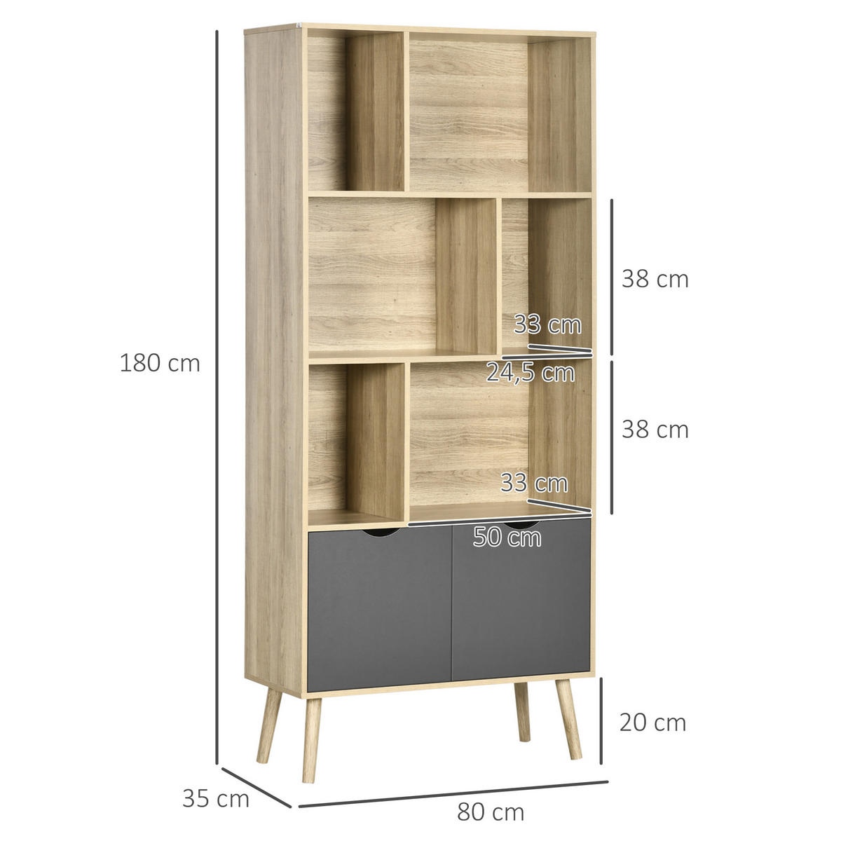 REGAL DE-15490 80/35/180 cm, 6 Ebenen + 1 Tür Natur/Dunkelgrau - Naturfarben, Holzwerkstoff (80/180/35cm) - ComfortXL