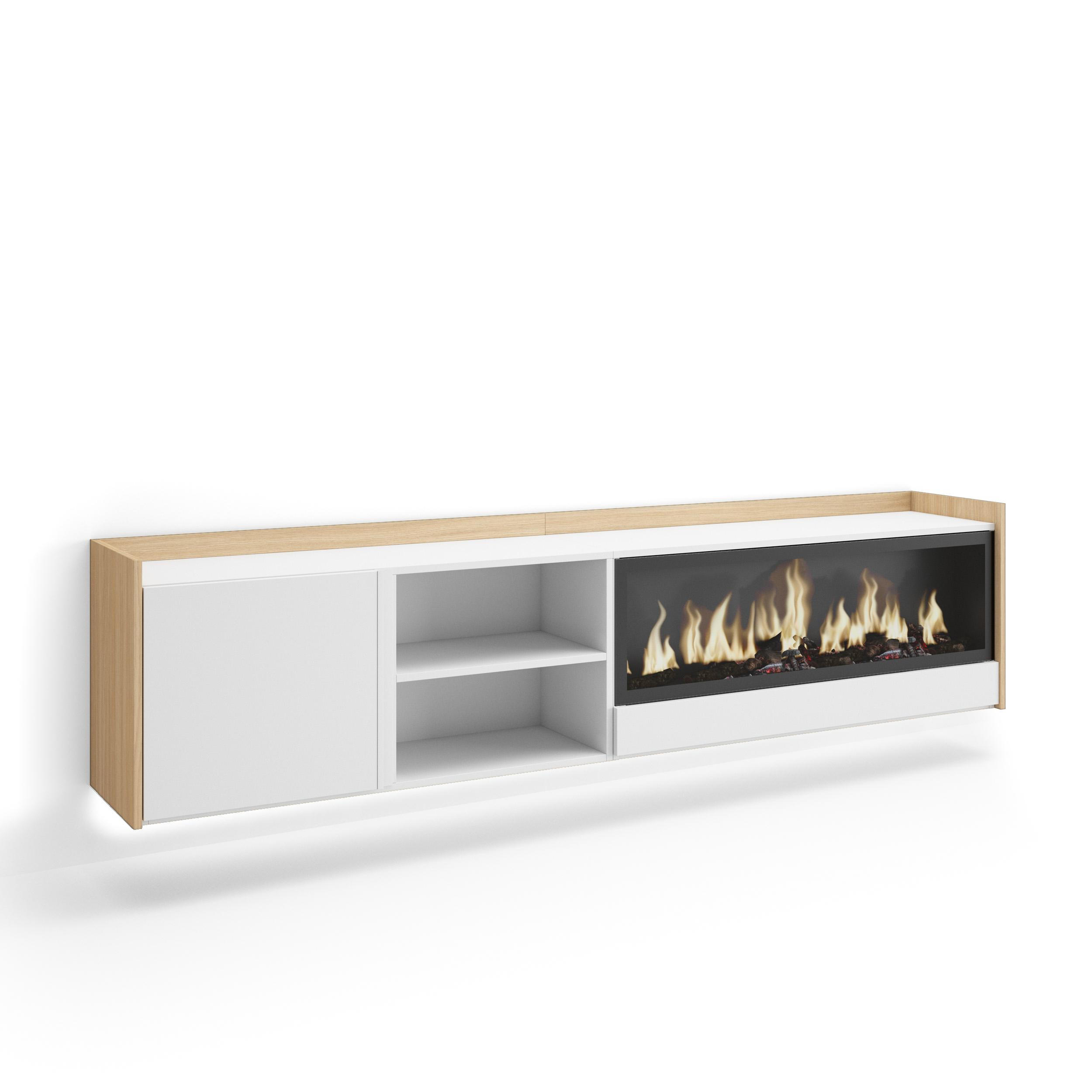 LOWBOARD, Weiß und Eiche, 212/35/50cm, Kamin mit Feuereffekt XXL - Weiß, Holzwerkstoff (212/50/35cm) - Skraut Home