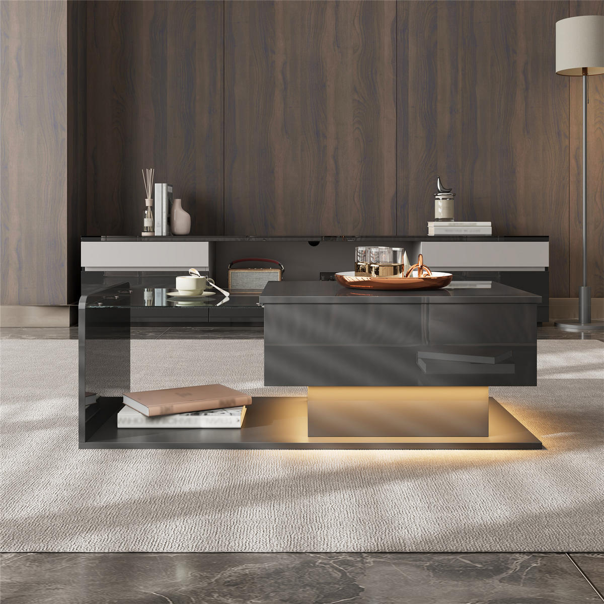 COUCHTISCH Hochglanz Glas LED Schwarz - Schwarz, Holz (100/50/47.5cm) - Kaket