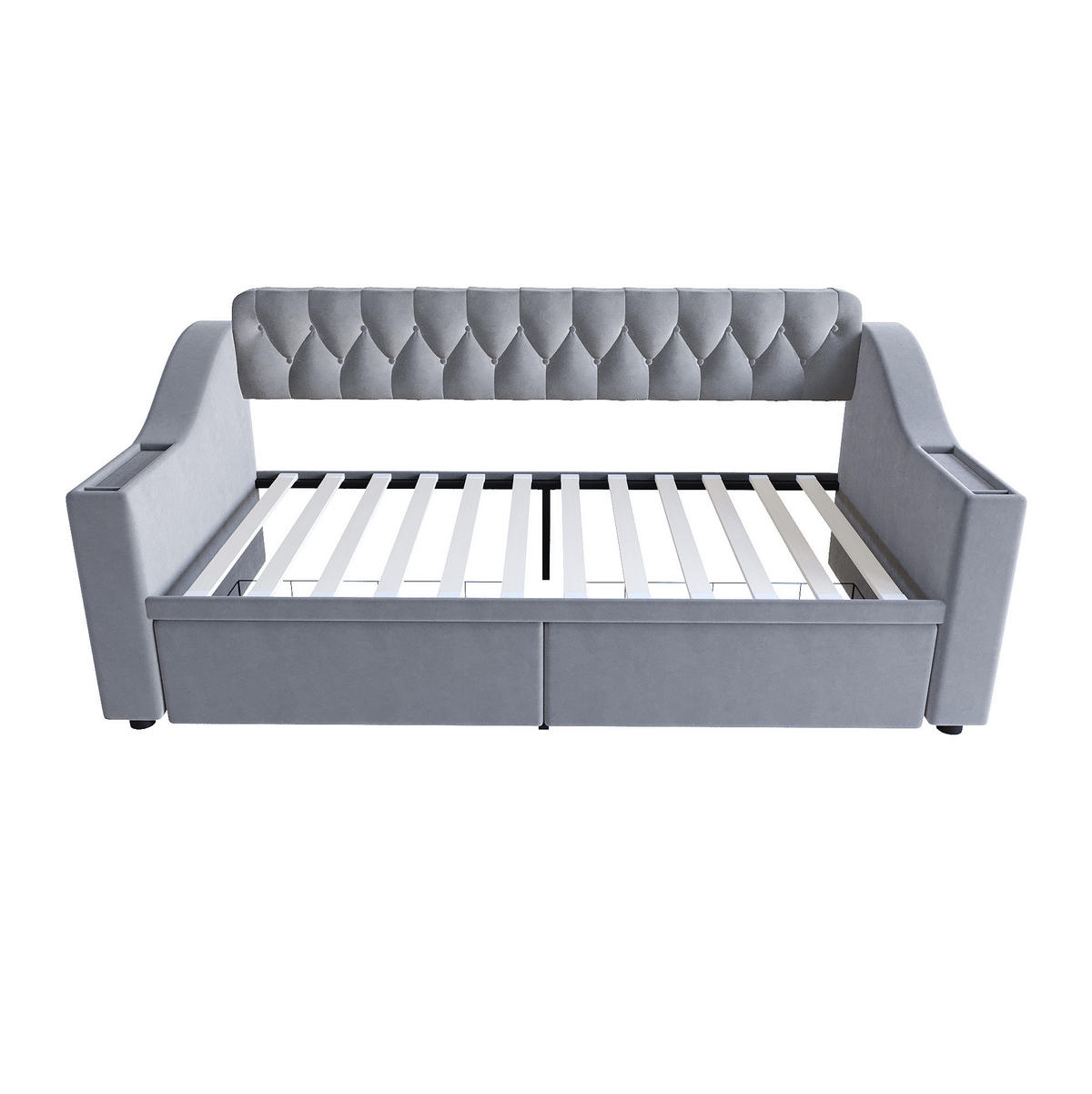 POLSTERBETT 90/190 cm aus Samt mit Stauraum und USB- und Type-C-Anschlüssen - Hellgrau, Textil (90/190cm) - Flora Grace