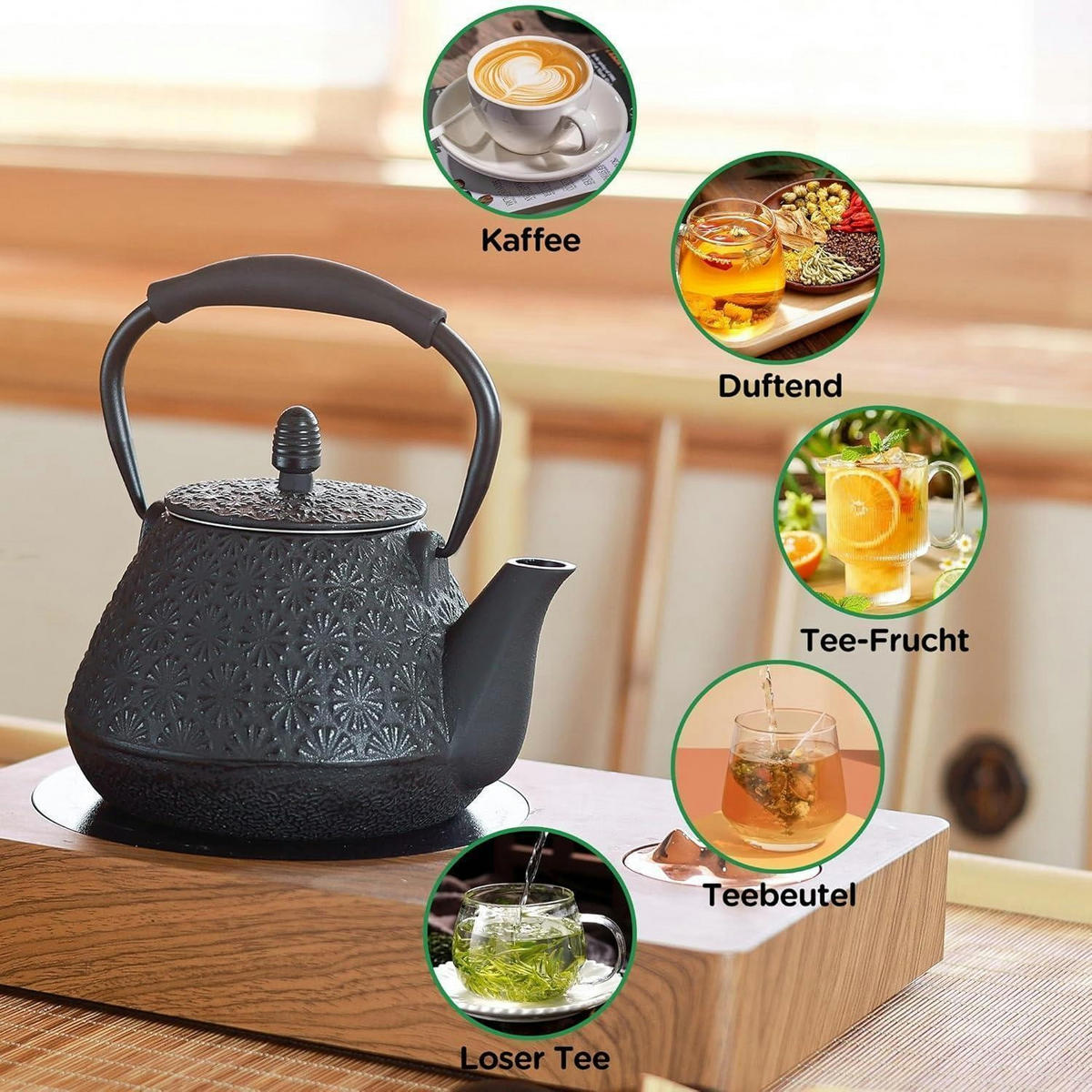 TEEKANNE Gusseisen 950ml Japanisches Kirschblütenmuster Herdtauglich Schwarz - Schwarz, Metall (17/8cm)