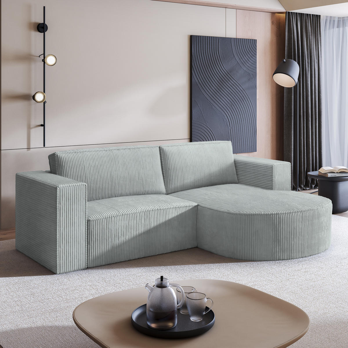 ECKSOFA SORELA P R-S Hellgrau Kordstoff mit Schlaffunktion - Hellgrau, Holz (263/174cm) - MASSENO