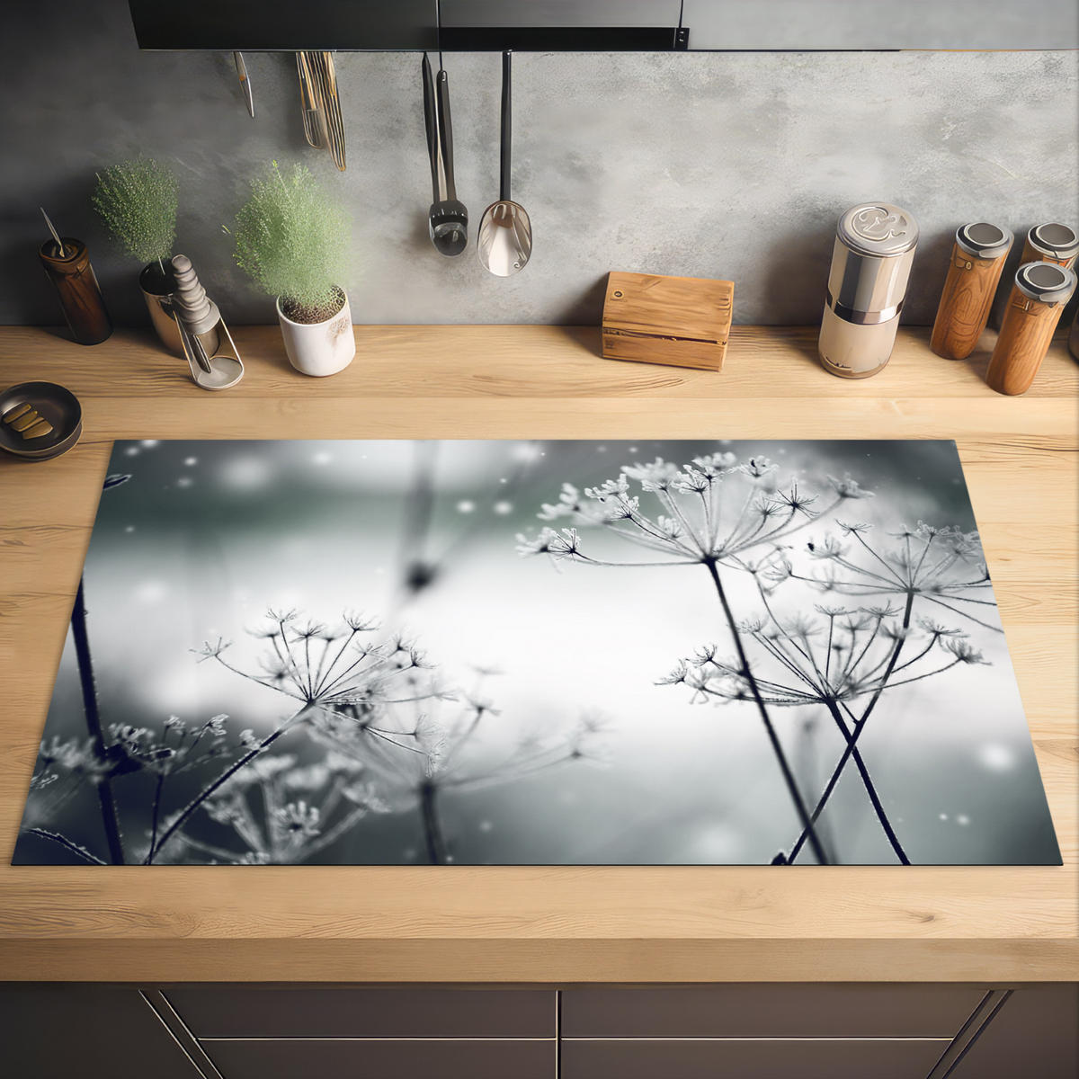 HERDABDECKPLATTE Blumen - Winter - Schnee - Natur Induktionsschutz 91.2x52 cm - Grau, Kunststoff (91.2/52/0.2cm) - MuchoWow