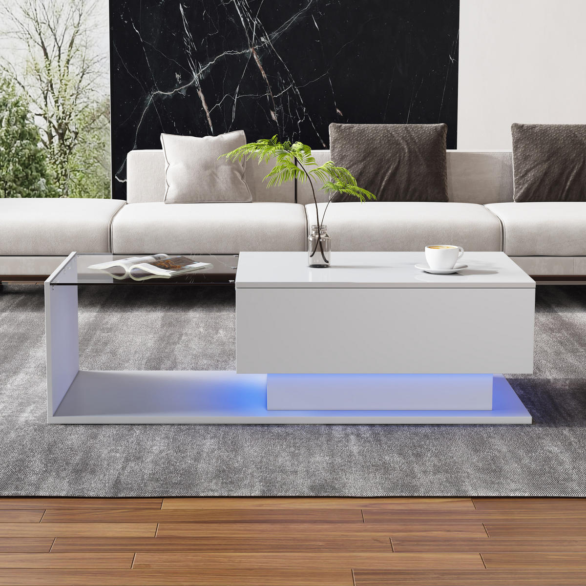 COUCHTISCH 100/50/32 cm in Weiß mit Glasplatte, Schublade und LED-Beleuchtung - Weiß, Holzwerkstoff (100/50/32cm) - Flora Grace